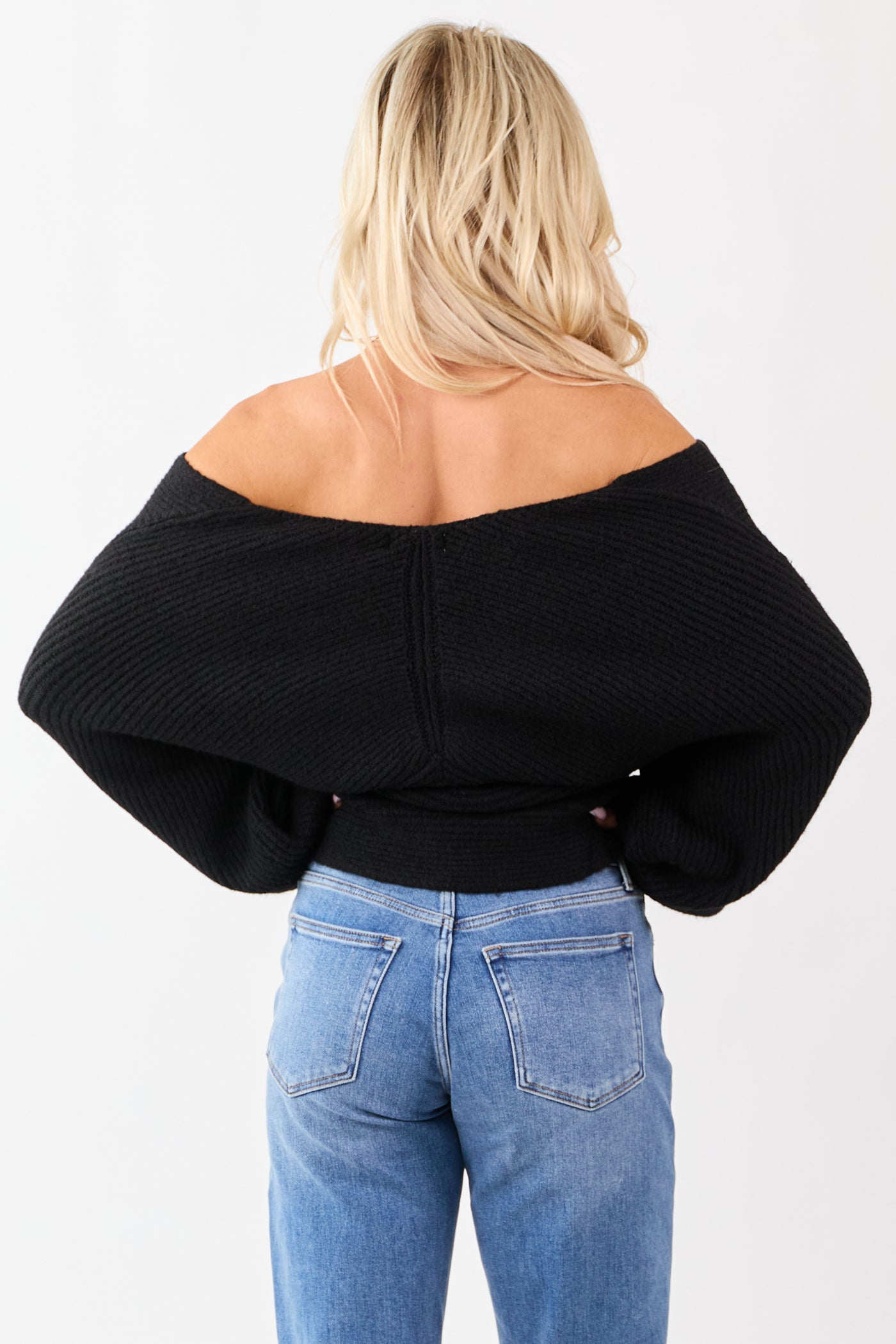 Black Crossover V Neck Puff Sleeve Sweater