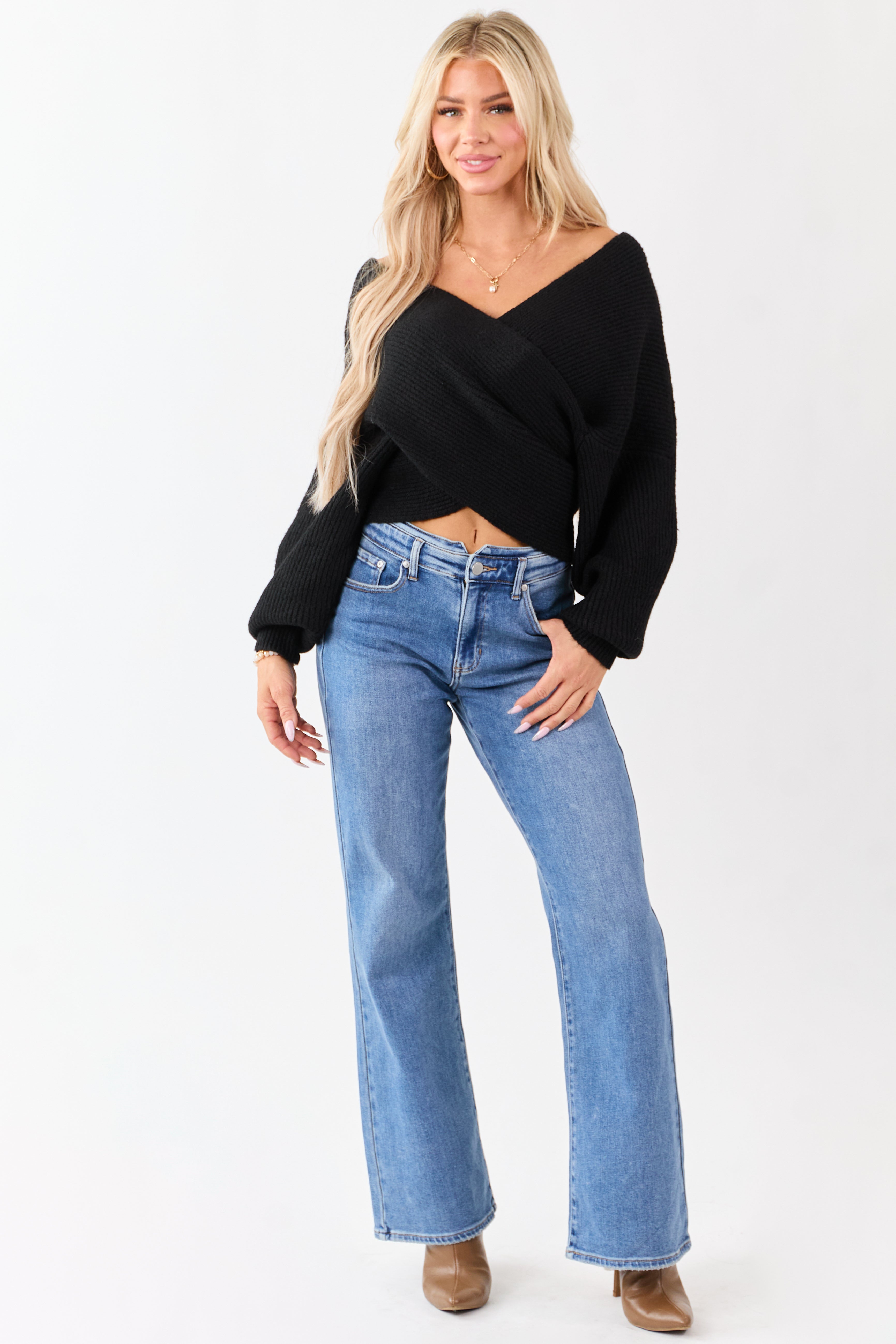 Black Crossover V Neck Puff Sleeve Sweater