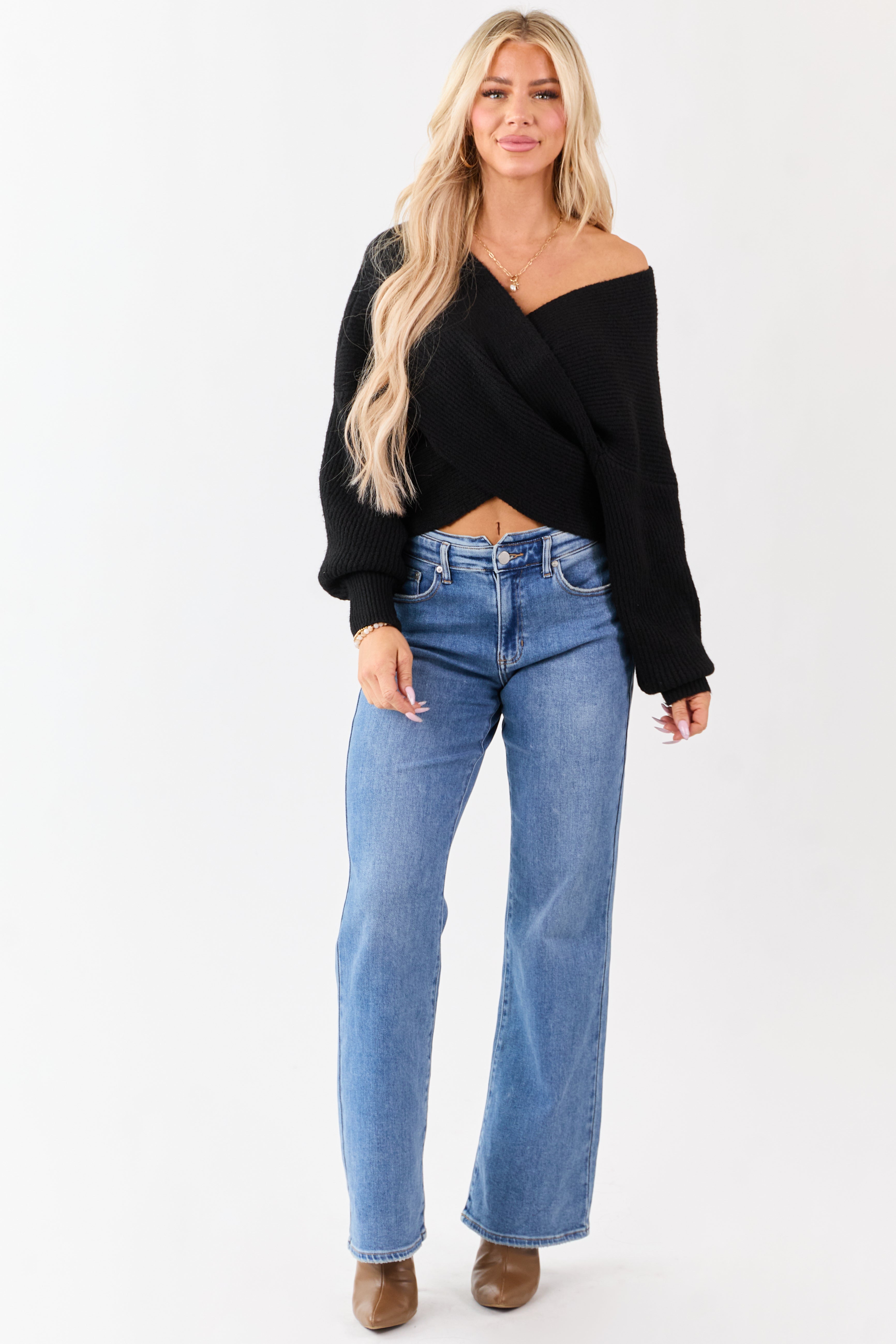 Black Crossover V Neck Puff Sleeve Sweater