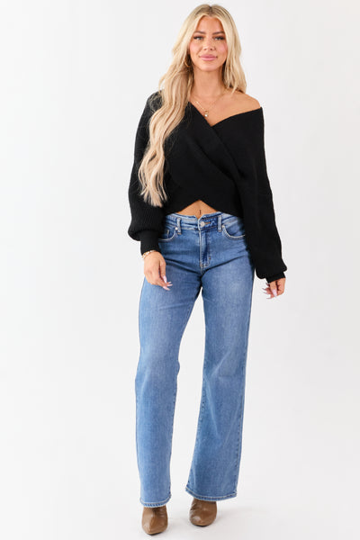 Black Crossover V Neck Puff Sleeve Sweater