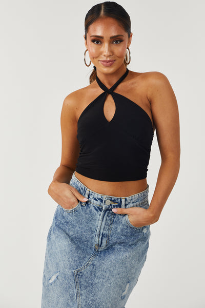 Black Cut Out Front Halter Tie Crop Top