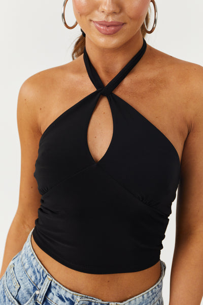 Black Cut Out Front Halter Tie Crop Top