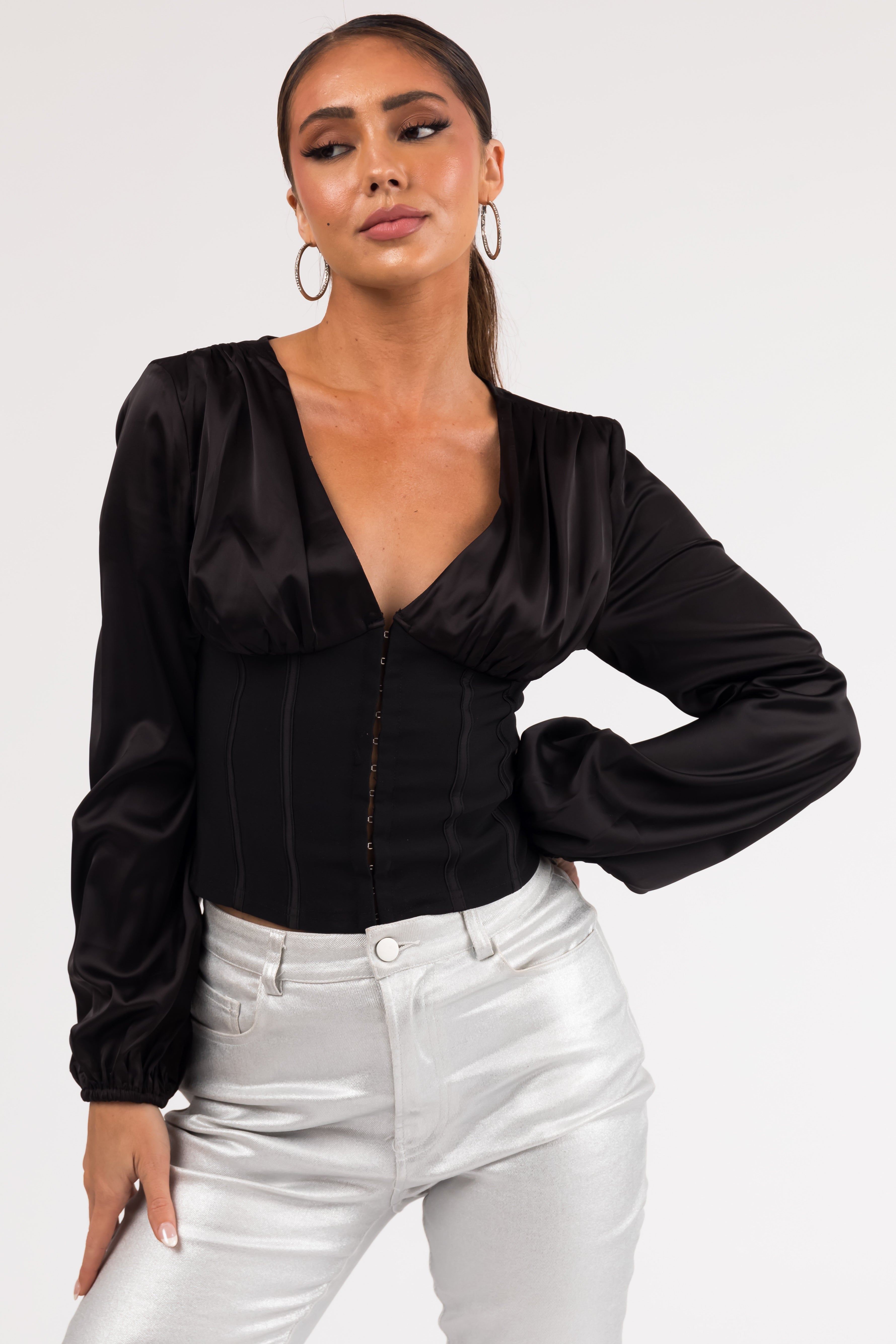 deep v long sleeve blouse