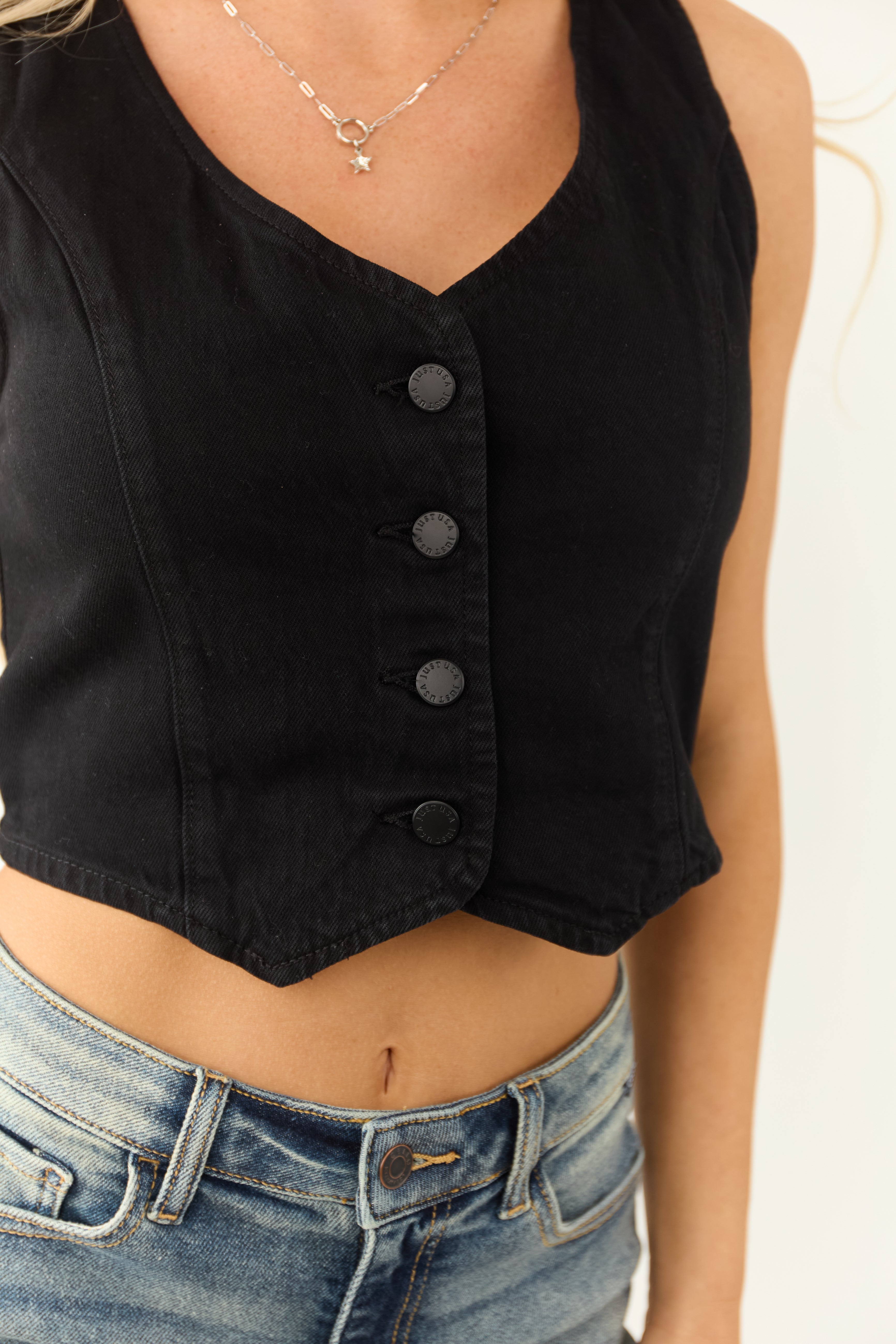 Black Denim Button Down Cropped Vest | Lime Lush Boutique