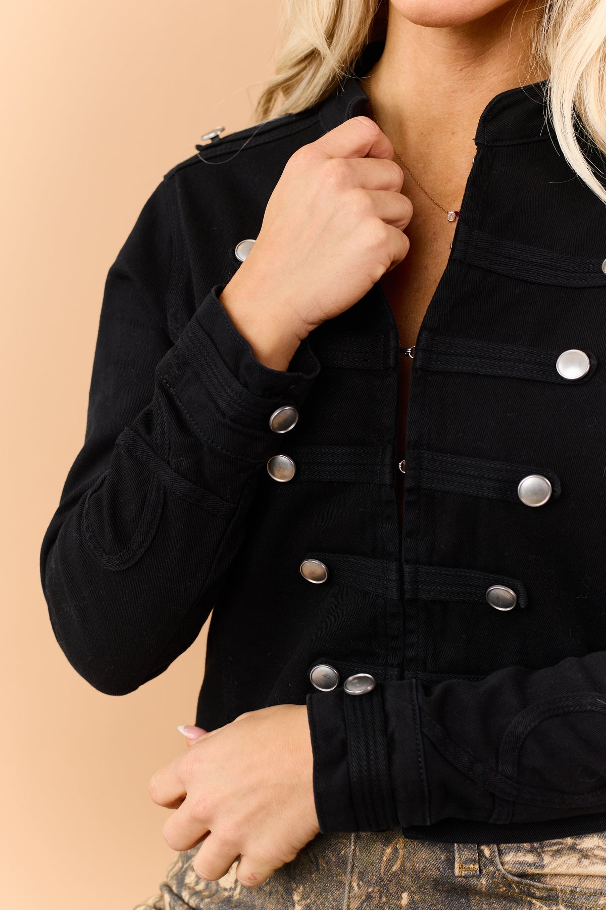 Black Denim Button Down Military Style Crop Jacket