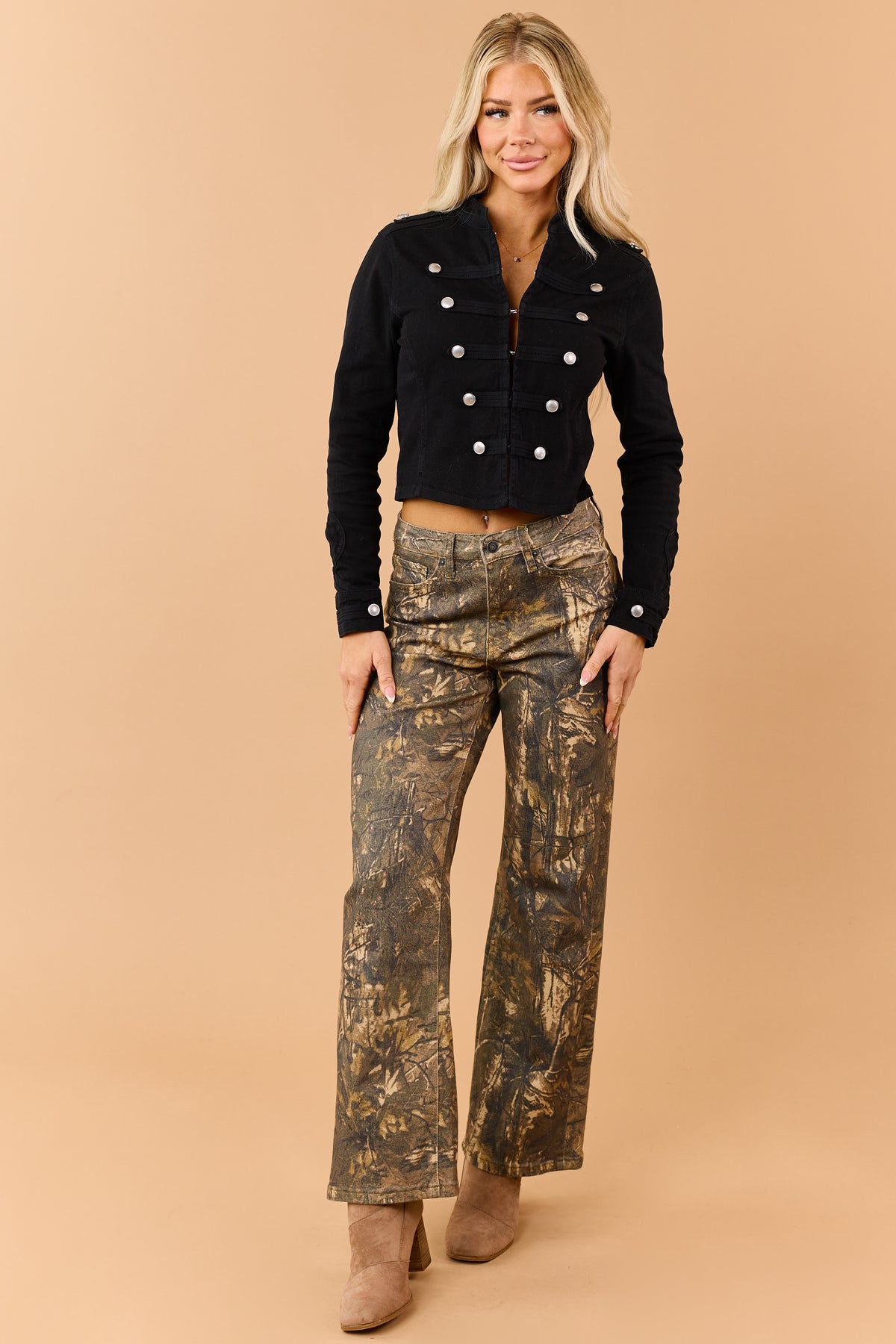 Black Denim Button Down Military Style Crop Jacket