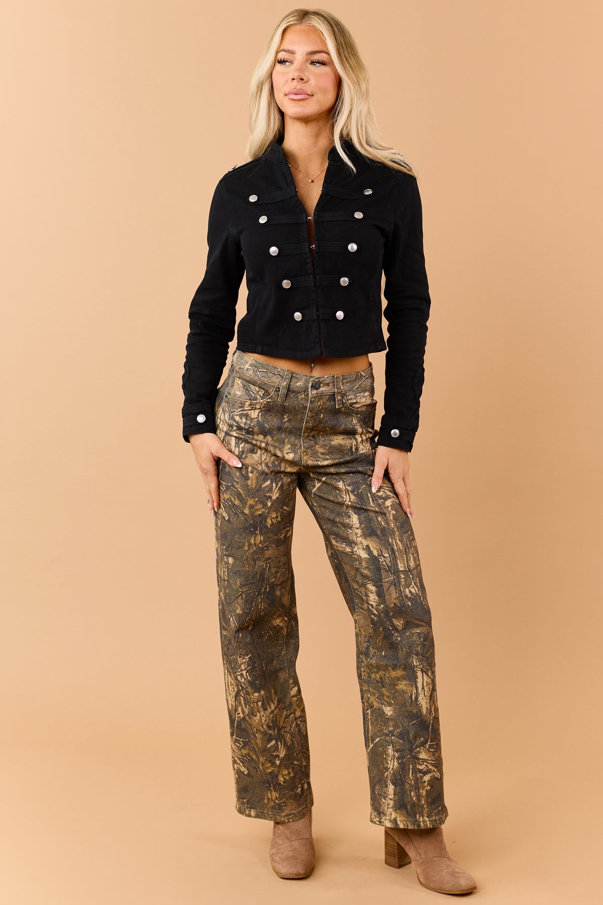 Black Denim Button Down Military Style Crop Jacket