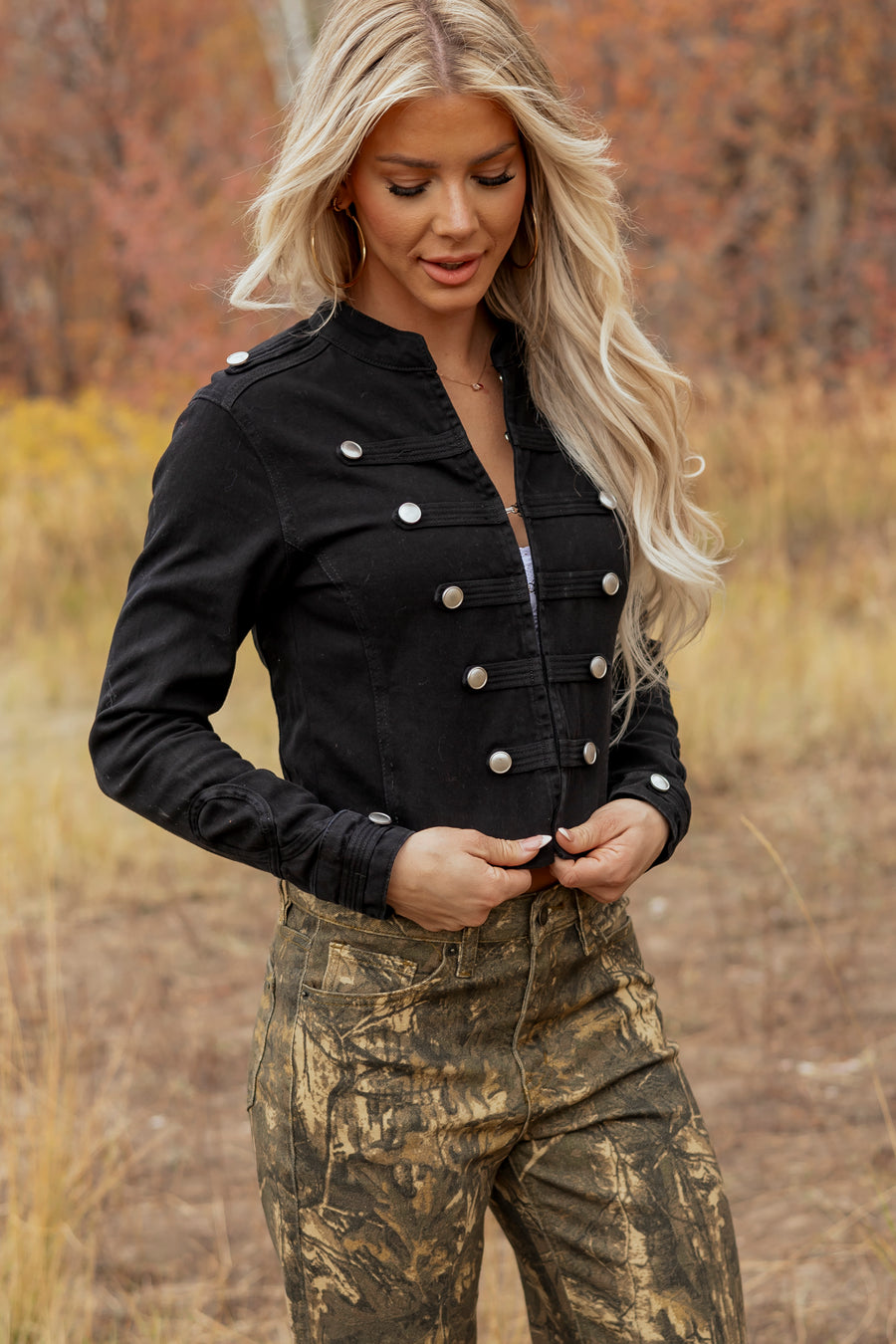 Black Denim Button Down Military Style Crop Jacket