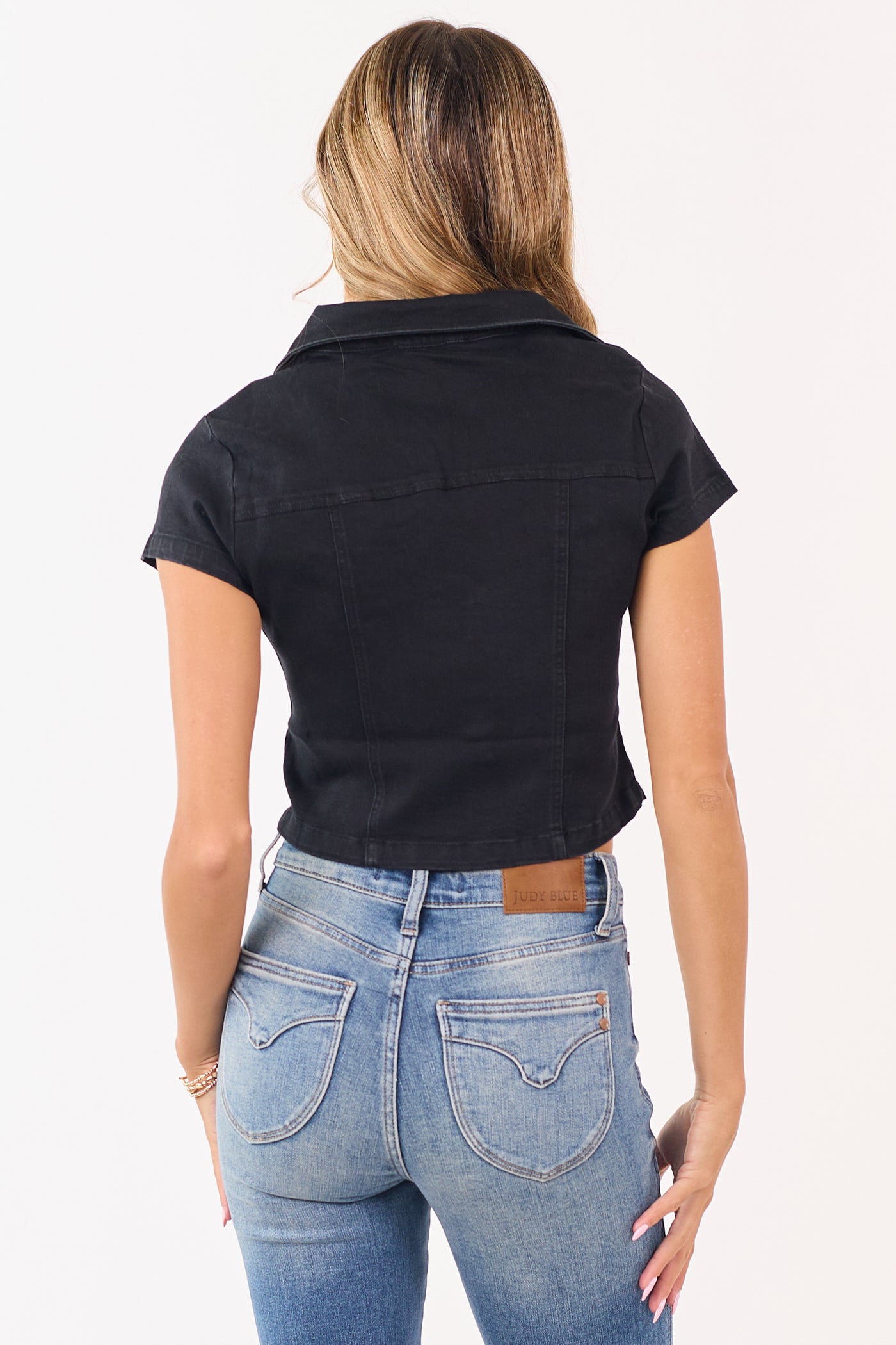 Black Denim Button Up Short Sleeve Crop Top