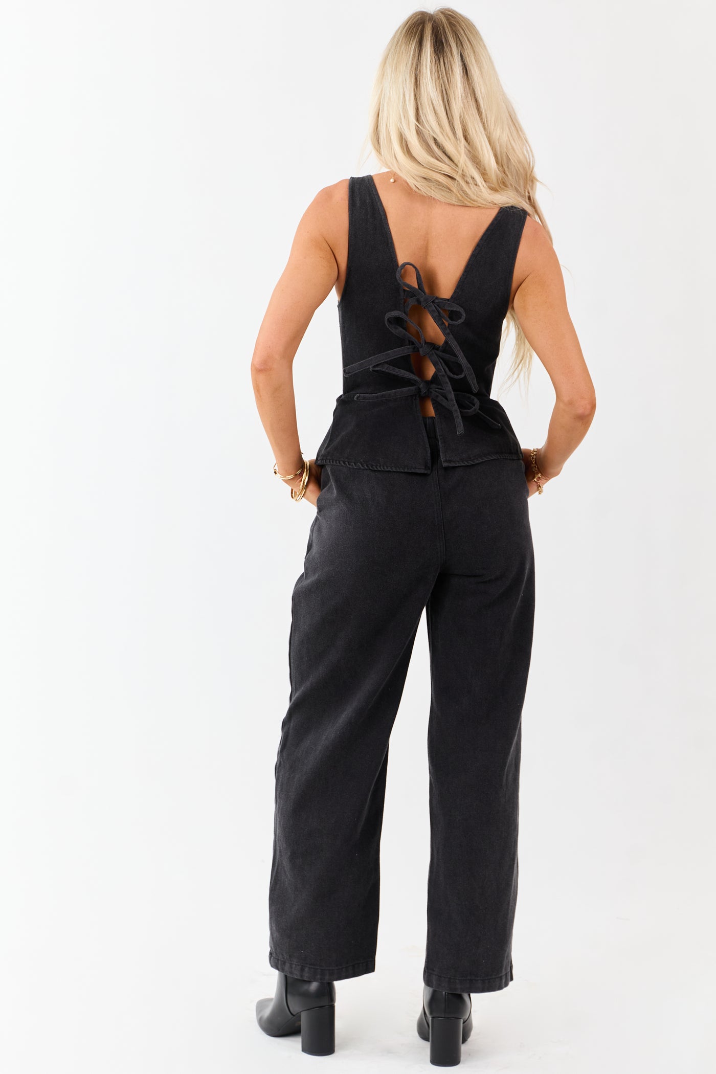 Black Denim Buttoned Vest Style Open Back Jumpsuit