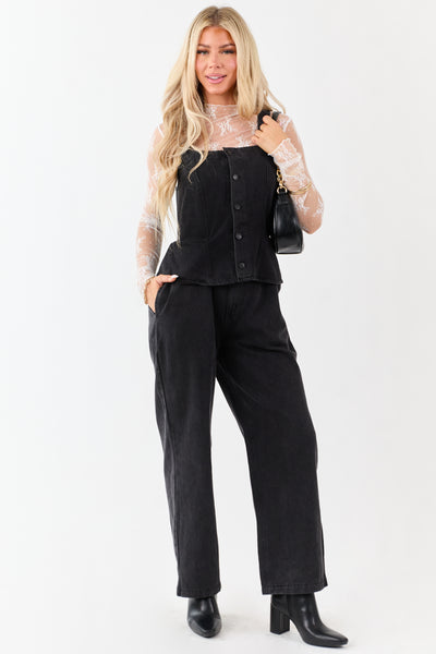 Black Denim Buttoned Vest Style Open Back Jumpsuit