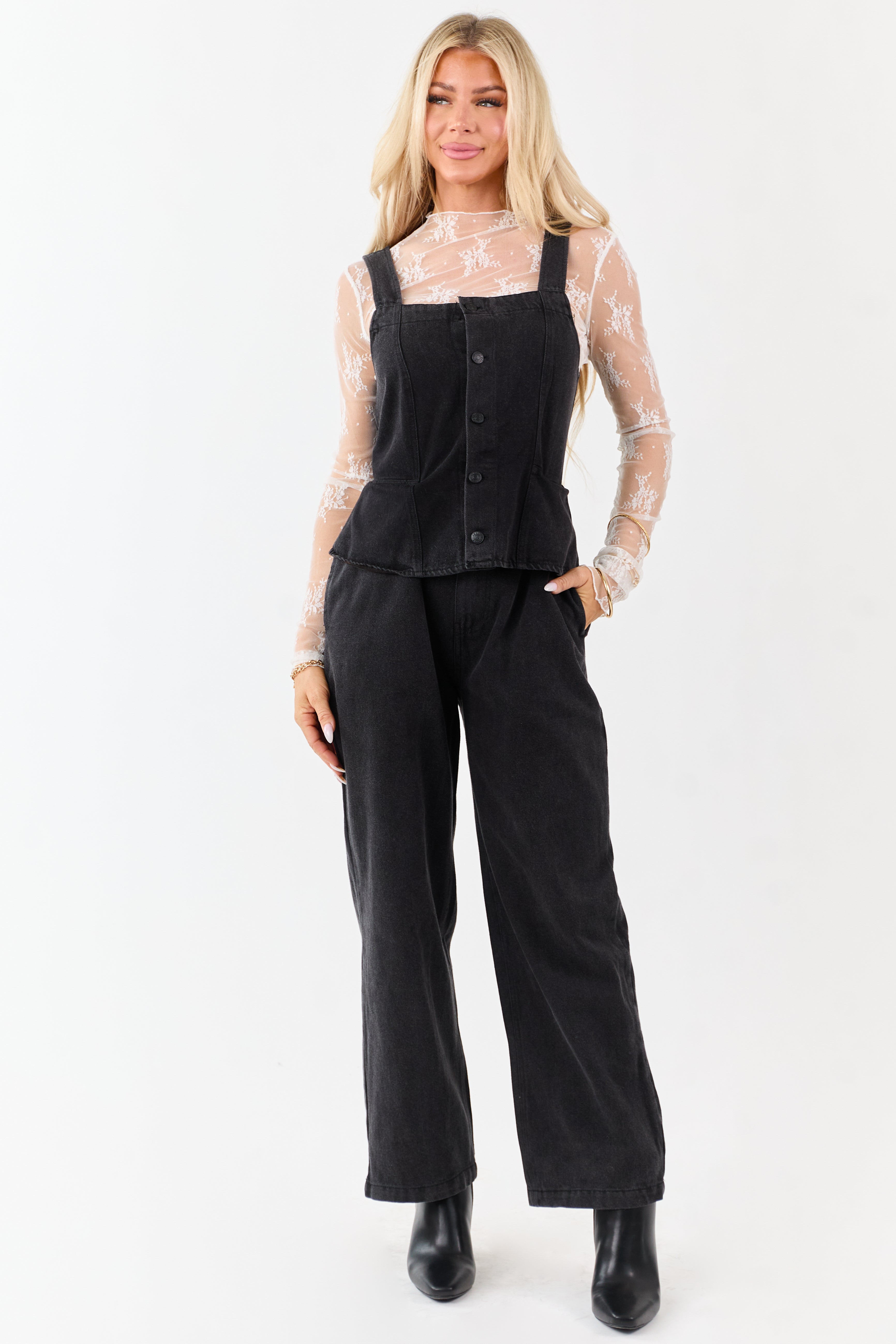 Black Dotted Wide Leg Open Back Jumpsuit | Lime Lush Boutique