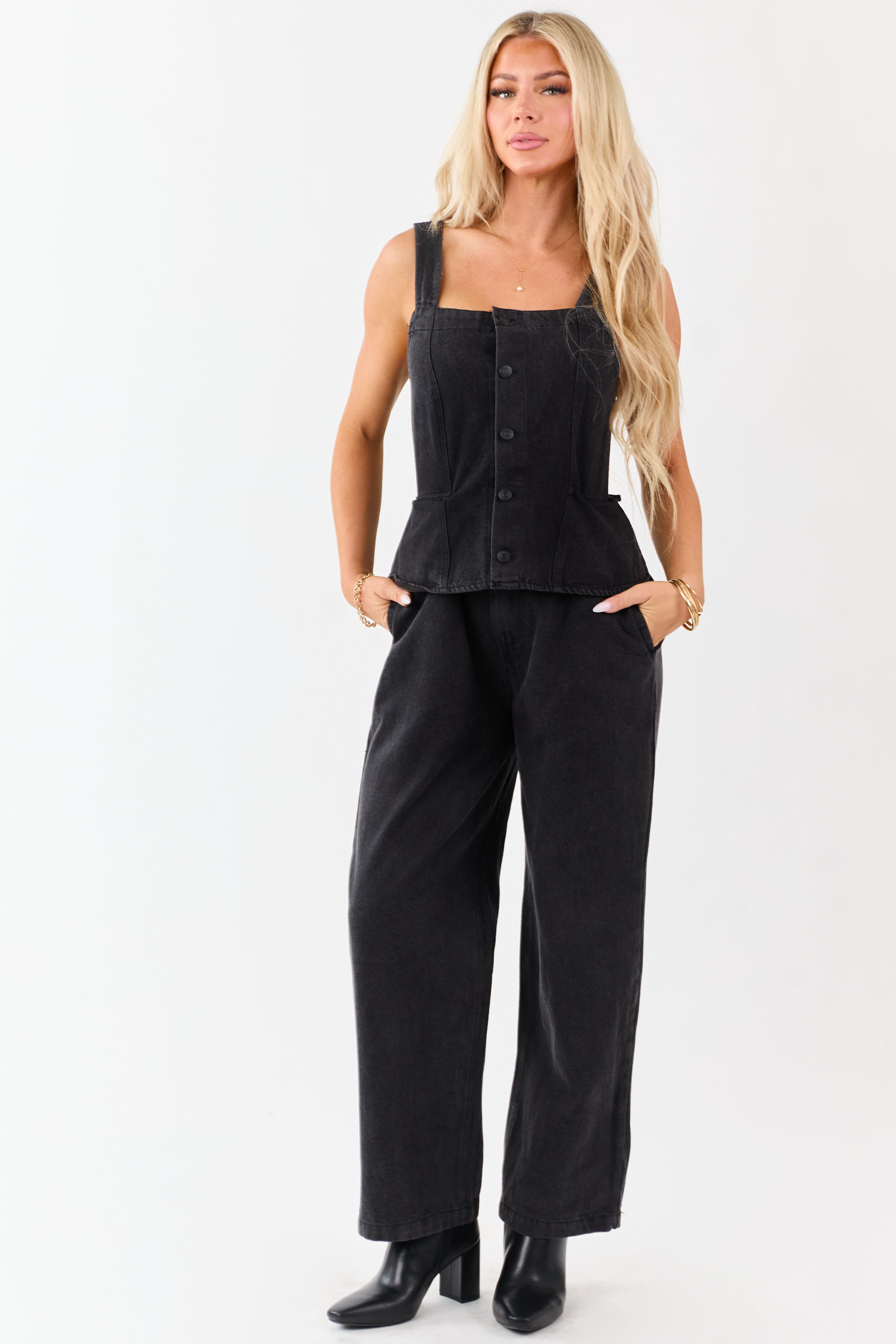 Black Denim Buttoned Vest Style Open Back Jumpsuit