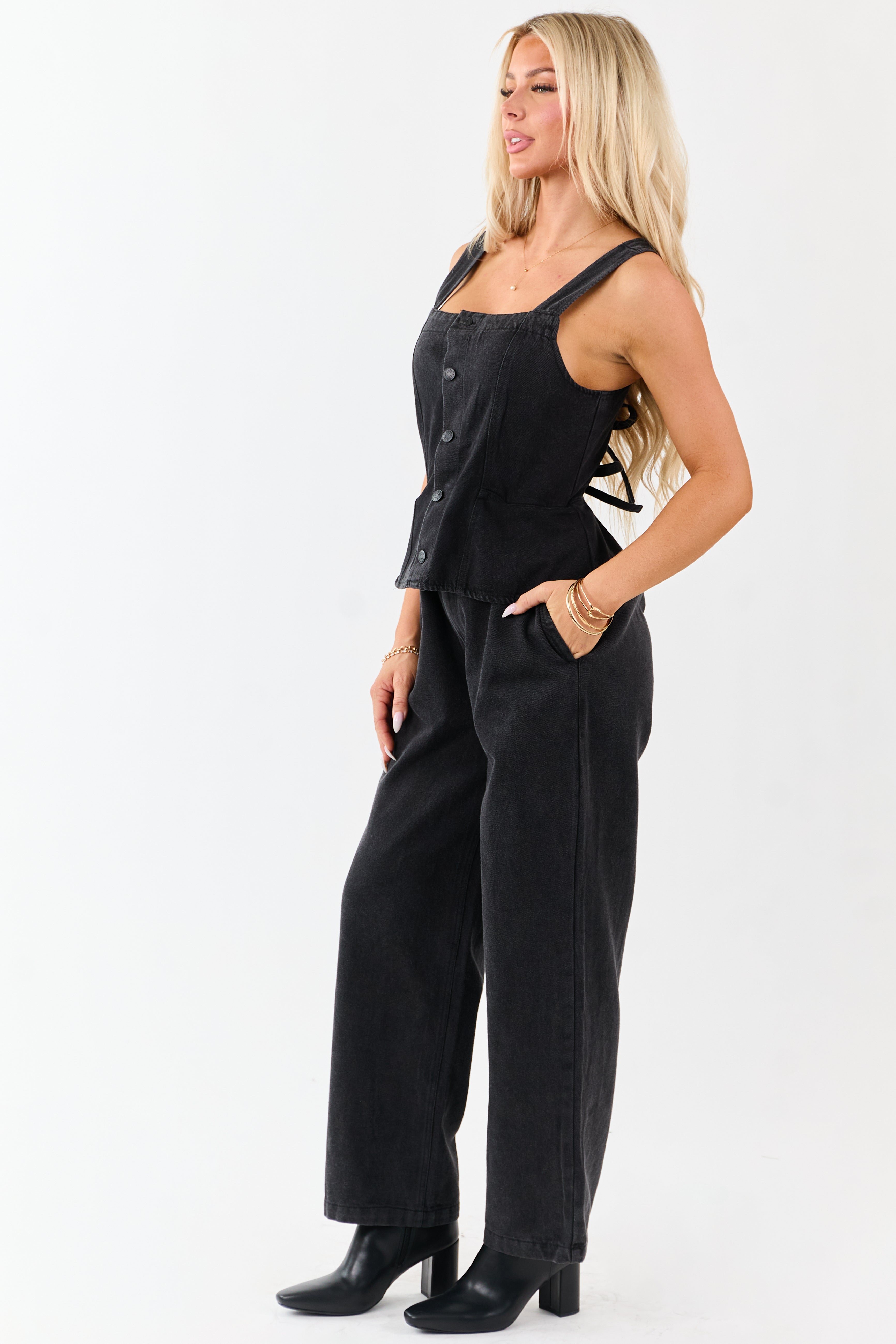 Black Denim Buttoned Vest Style Open Back Jumpsuit | Lime Lush