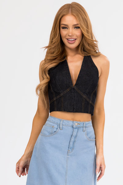Black-Denim-Deep-V-Halter-Neck