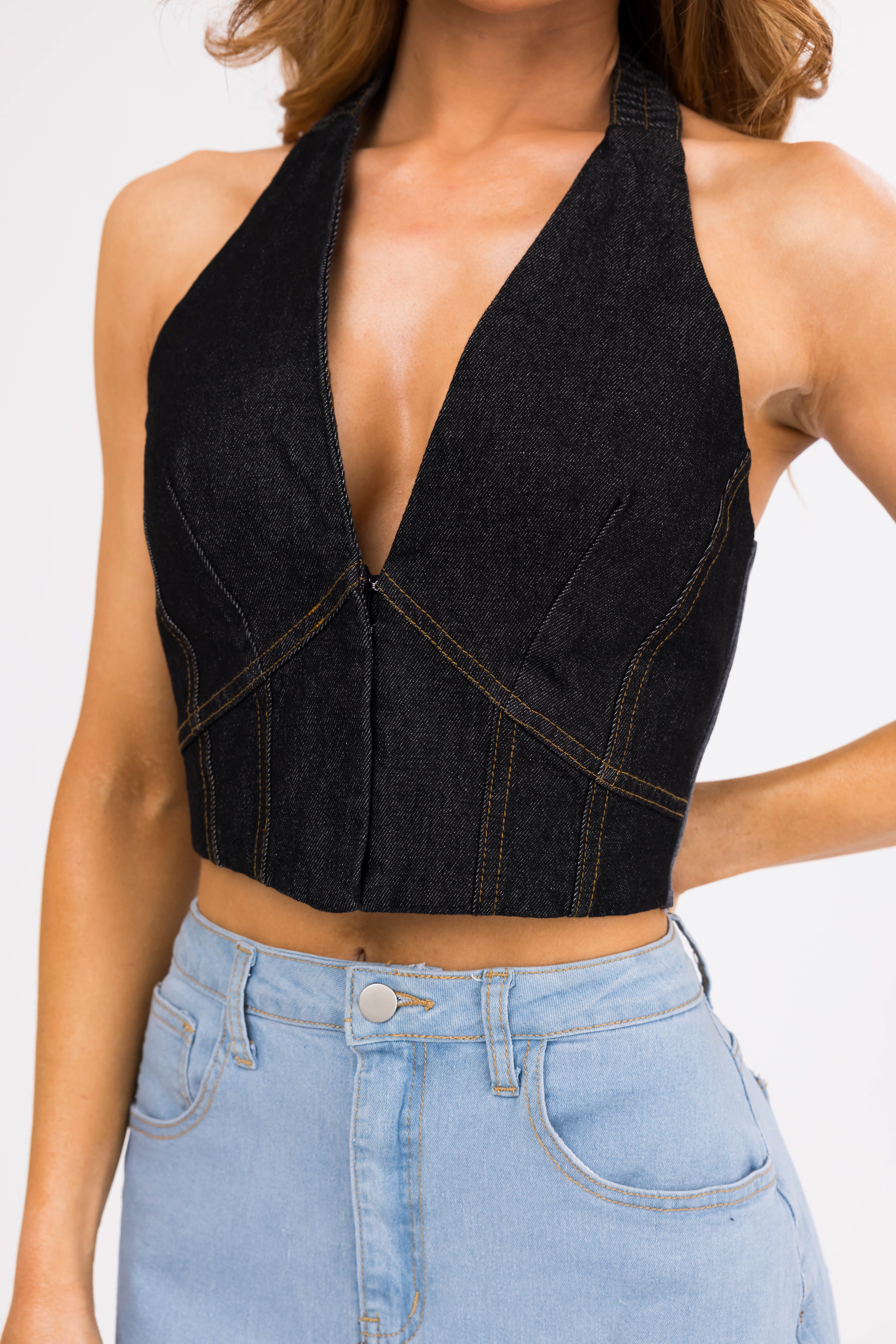 Black Denim Deep V Halter Neck Crop Top Lime Lush Boutique