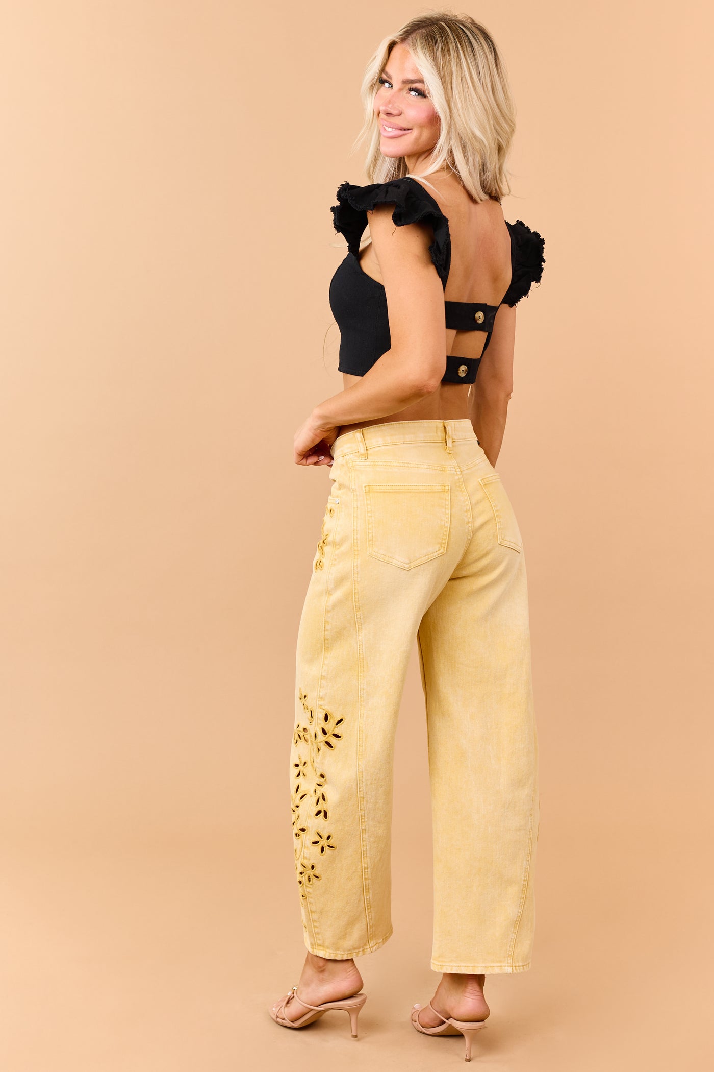Black Denim Ruffle Cap Sleeve Crop Top
