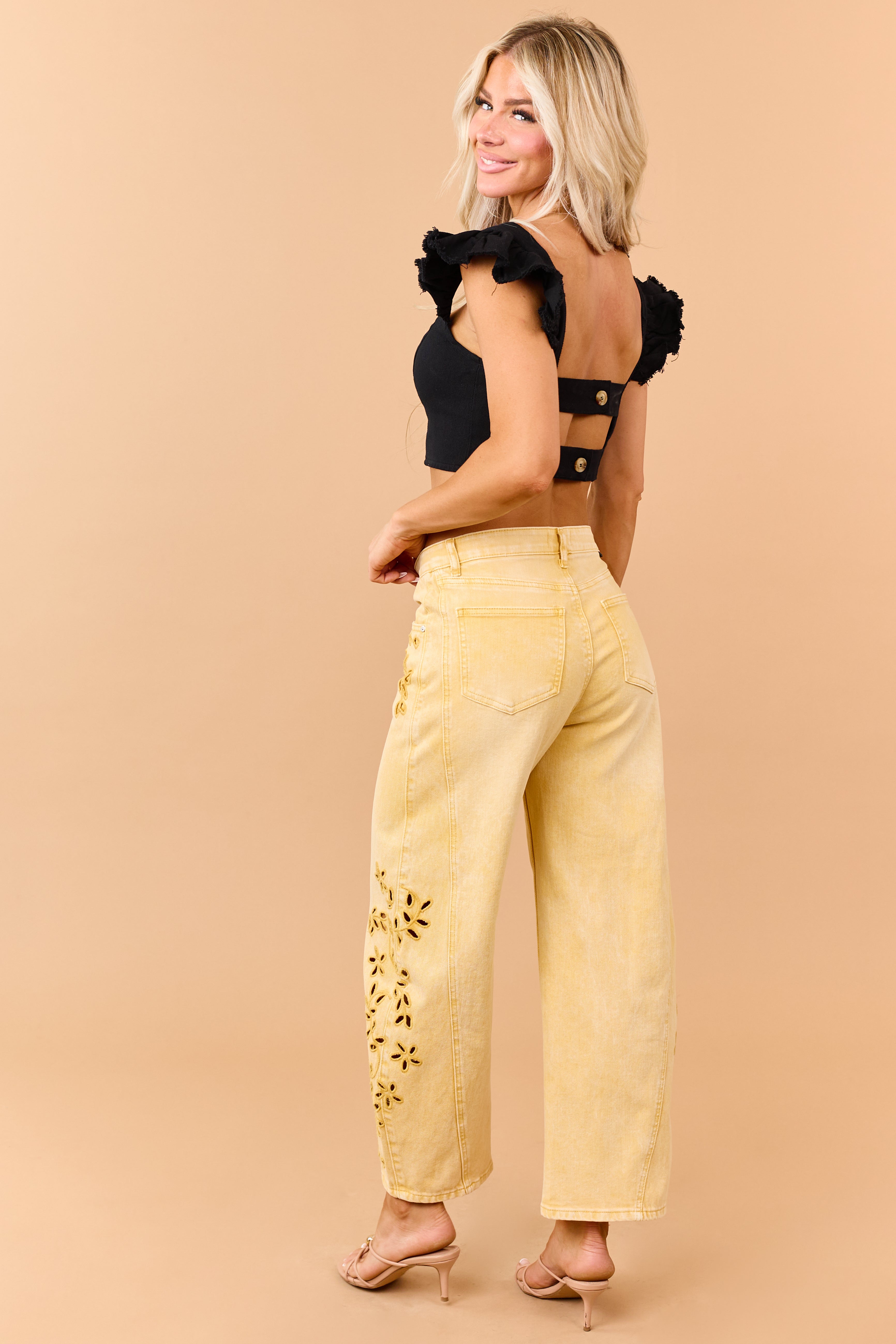 Black Denim Ruffle Cap Sleeve Crop Top