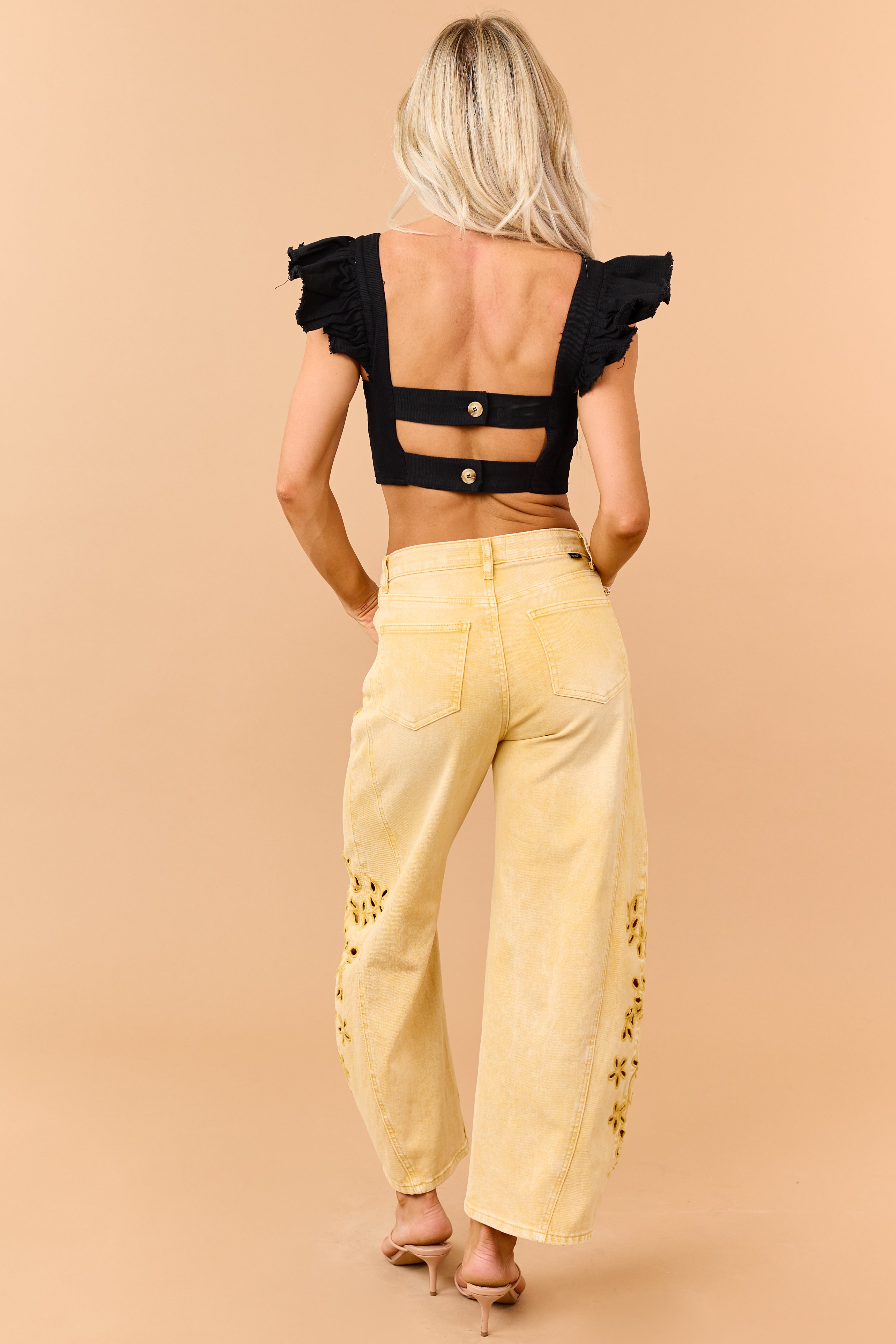 Black Denim Ruffle Cap Sleeve Crop Top