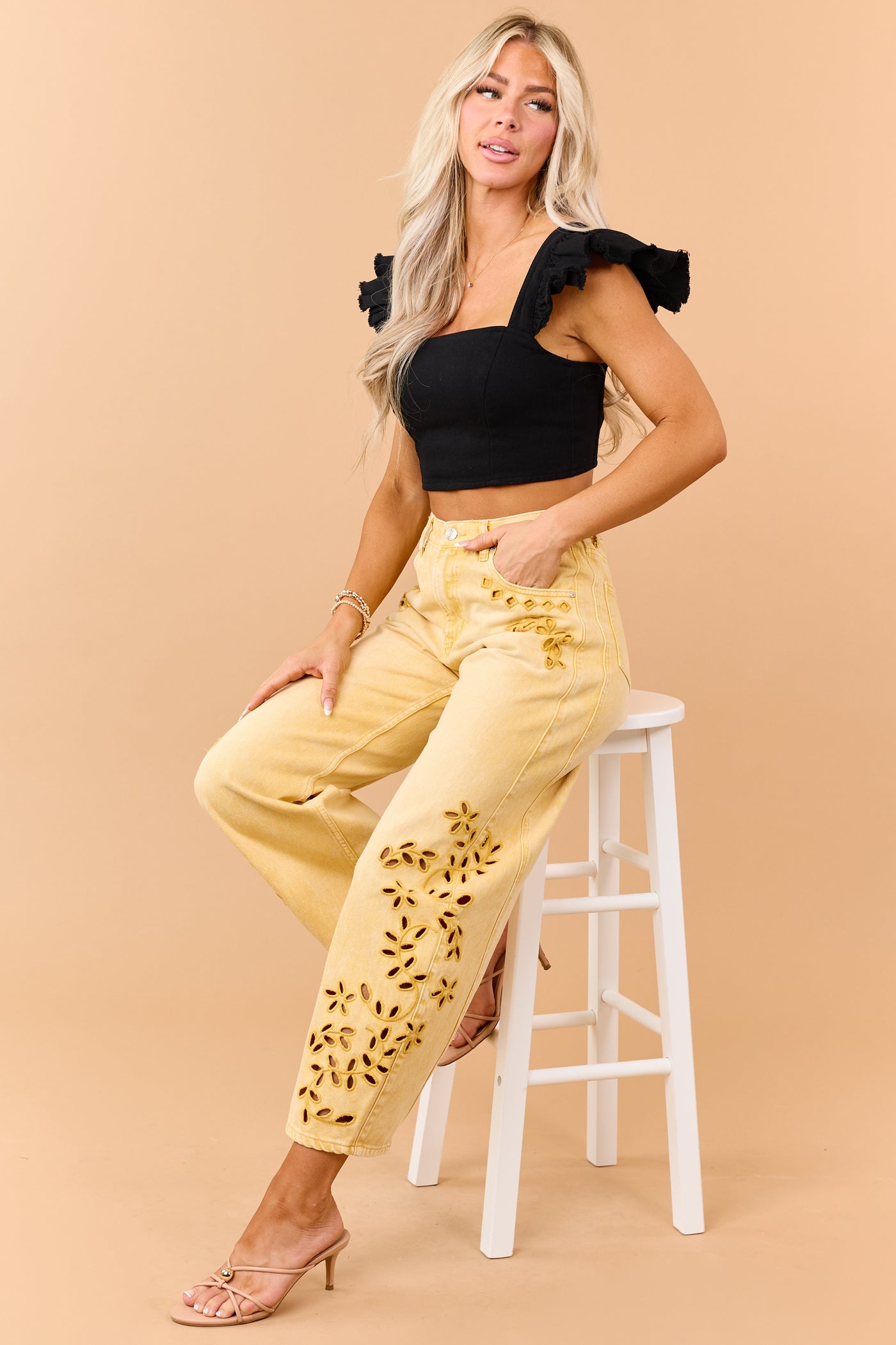 Black Denim Ruffle Cap Sleeve Crop Top