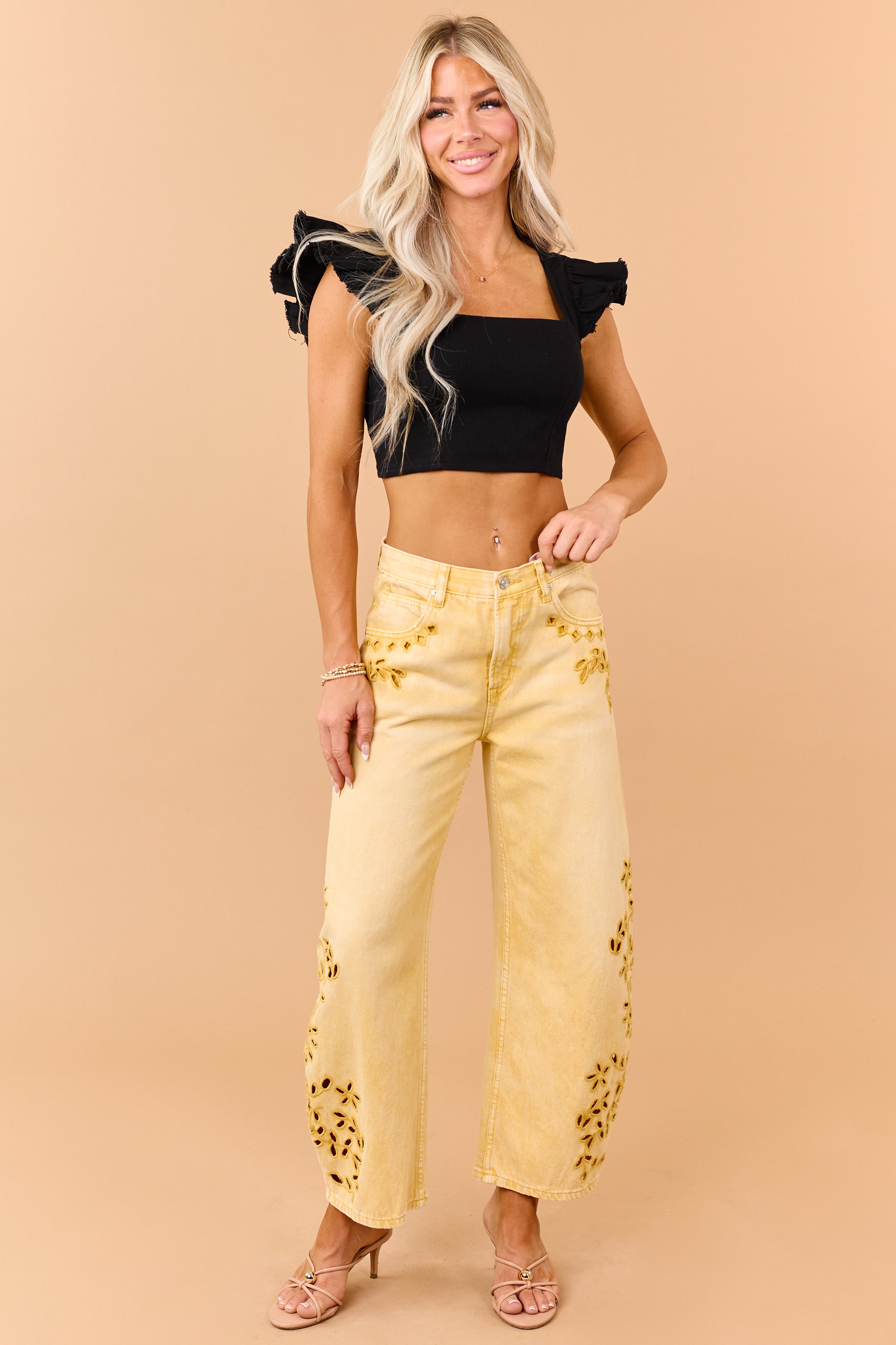 Black Denim Ruffle Cap Sleeve Crop Top