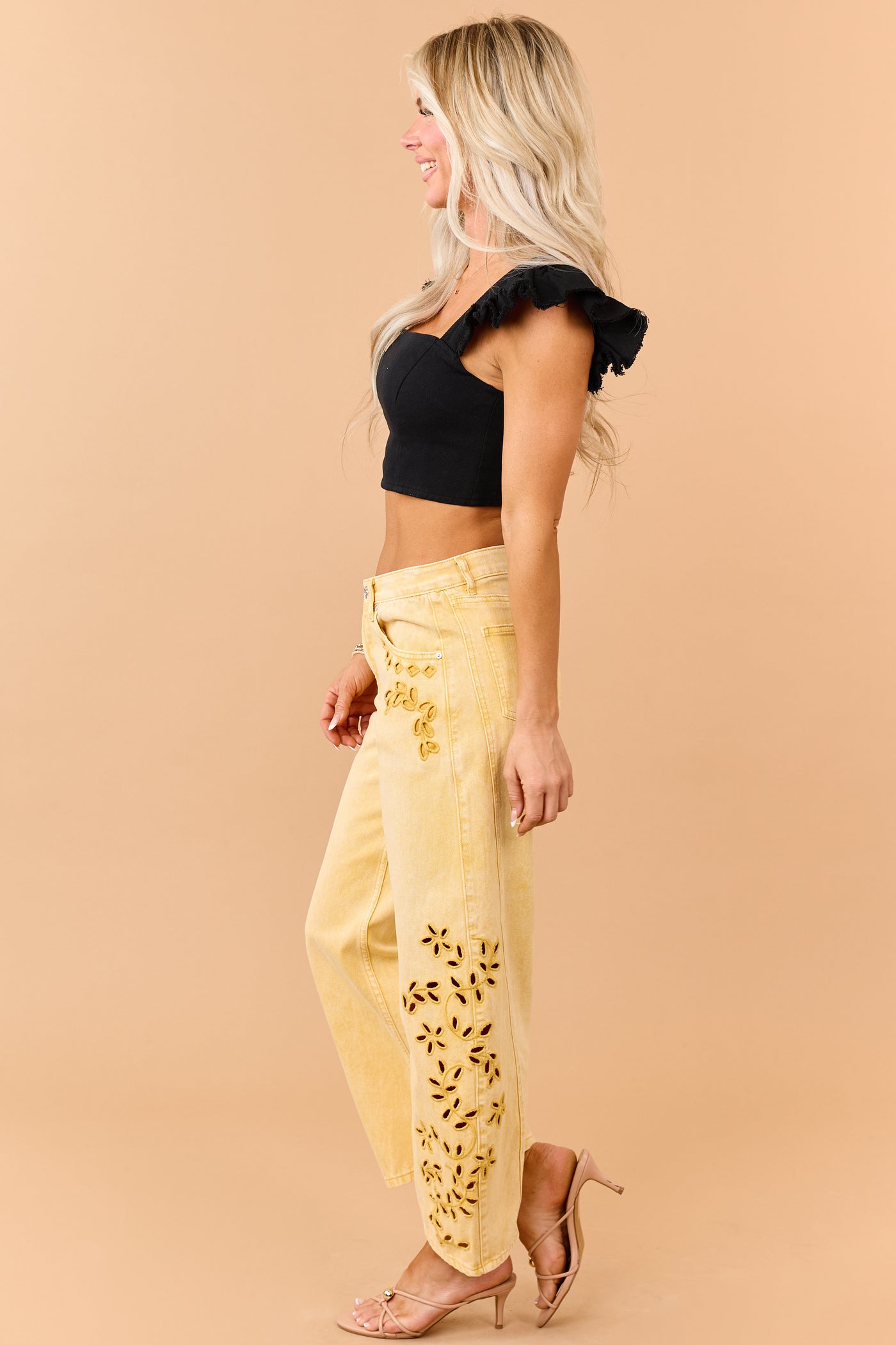 Black Denim Ruffle Cap Sleeve Crop Top