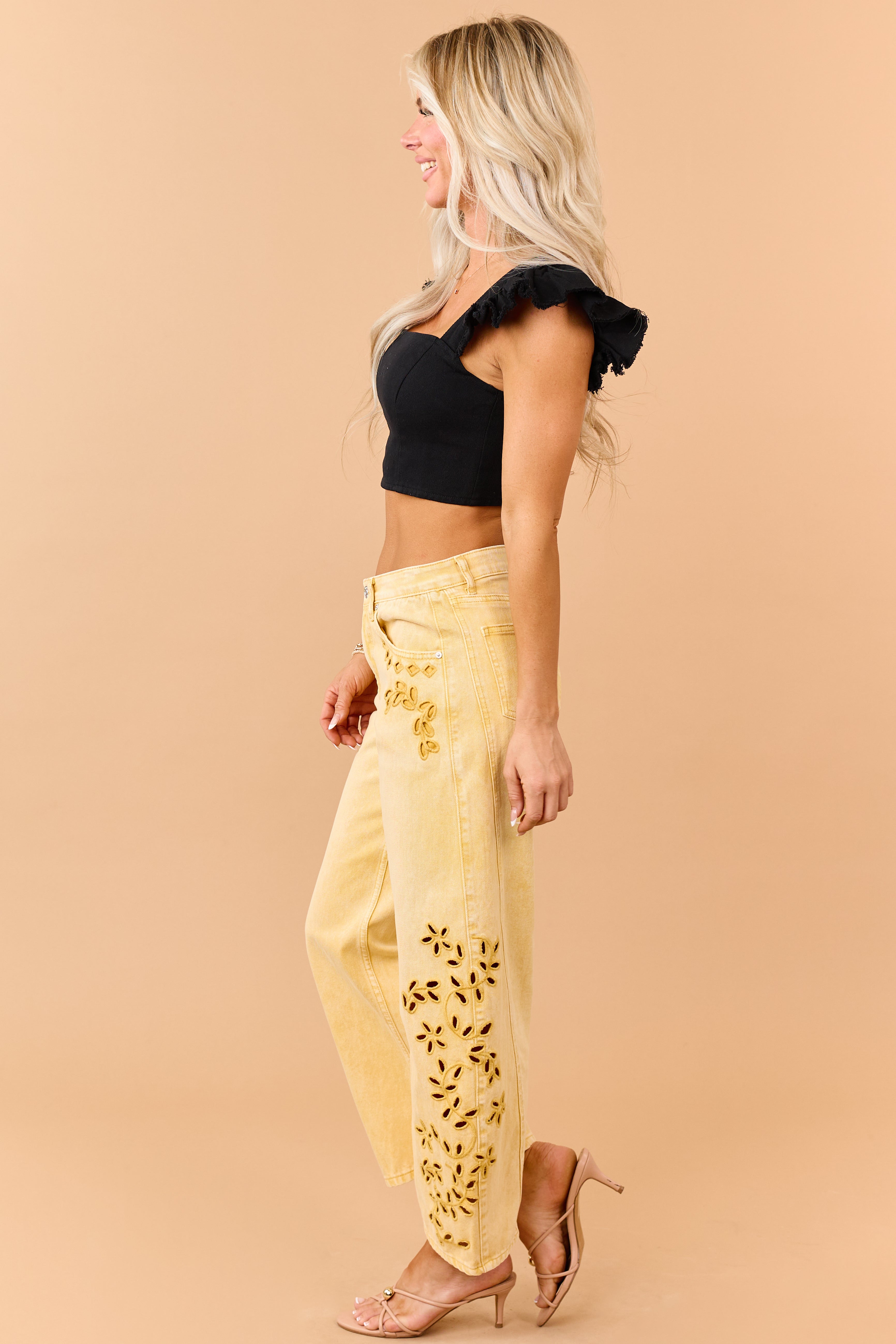 Black Denim Ruffle Cap Sleeve Crop Top
