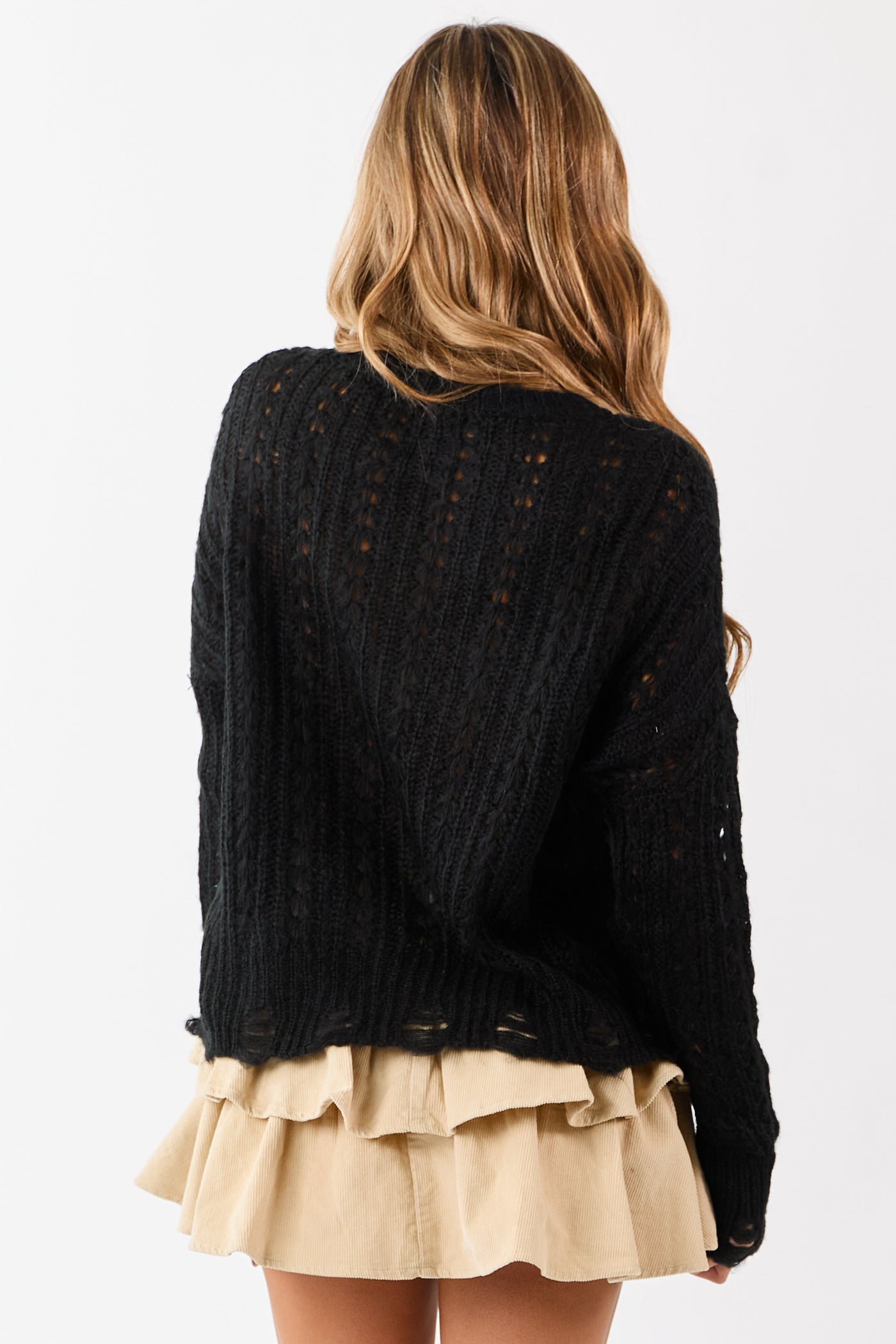 Black Distressed Open Knit Drop Shoulder Sweater