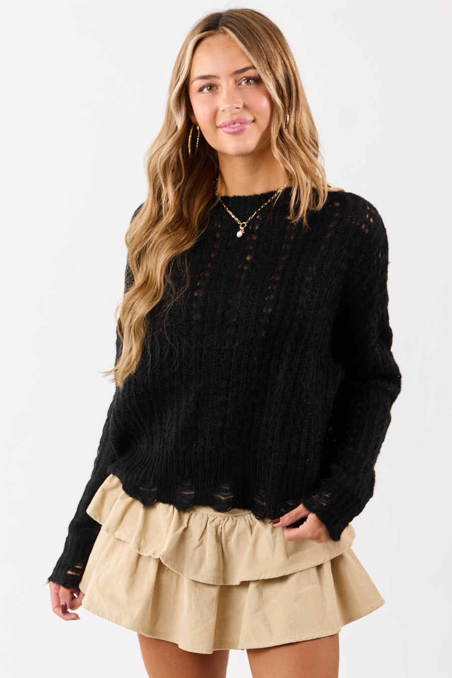 Black Distressed Open Knit Drop Shoulder Sweater