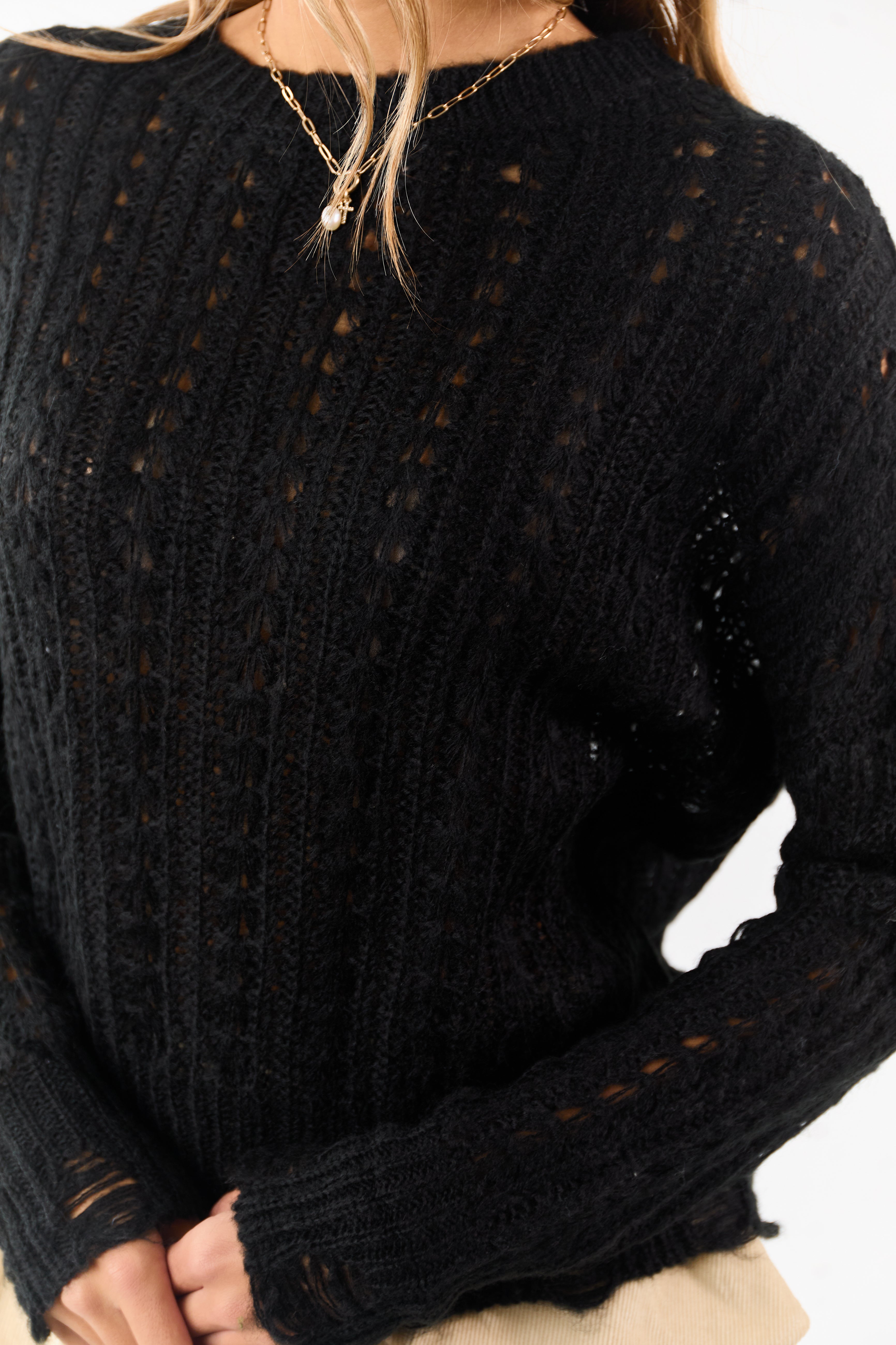 Black Distressed Open Knit Drop Shoulder Sweater | Lime Lush Boutique
