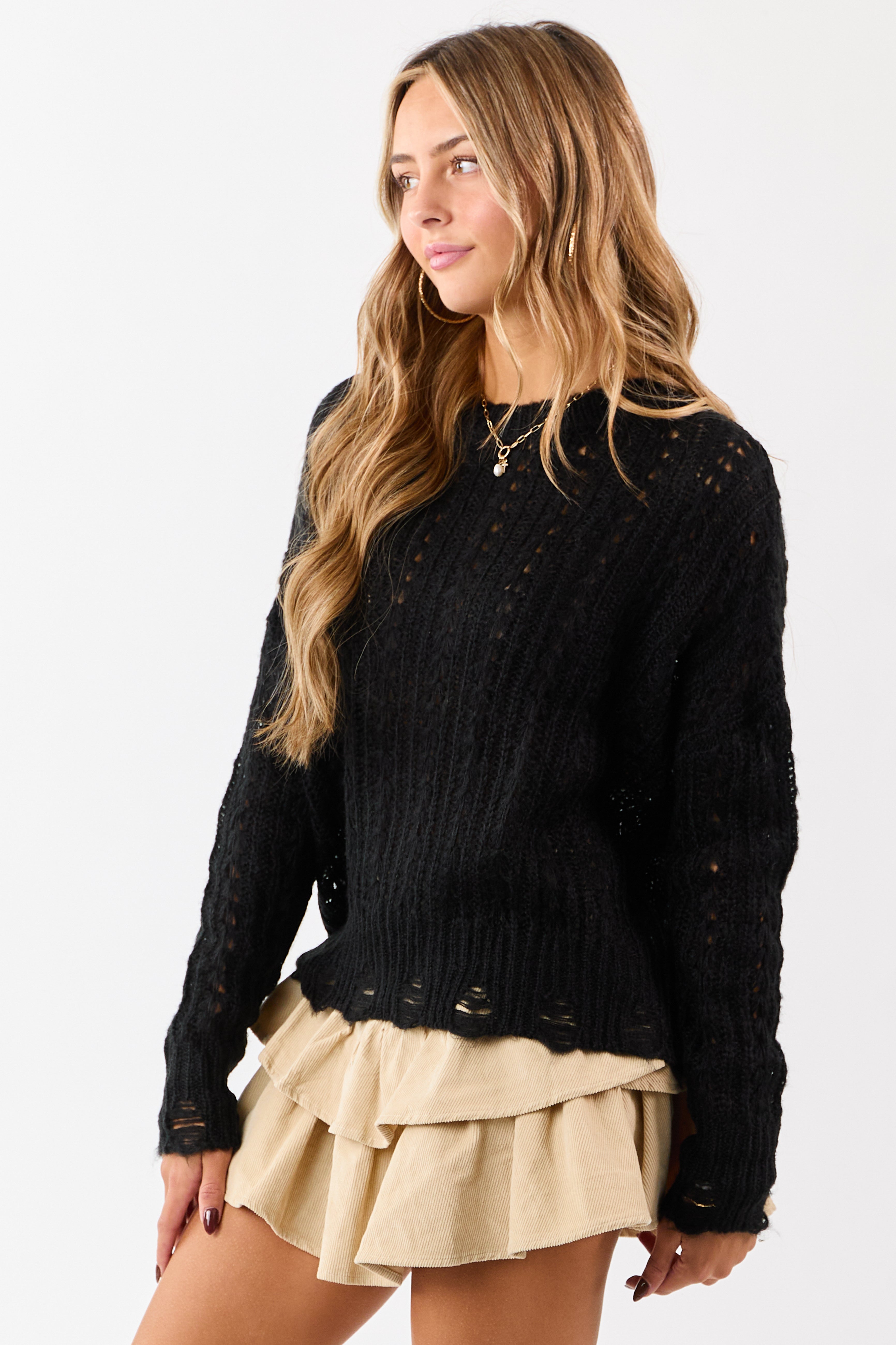 Black Distressed Open Knit Drop Shoulder Sweater