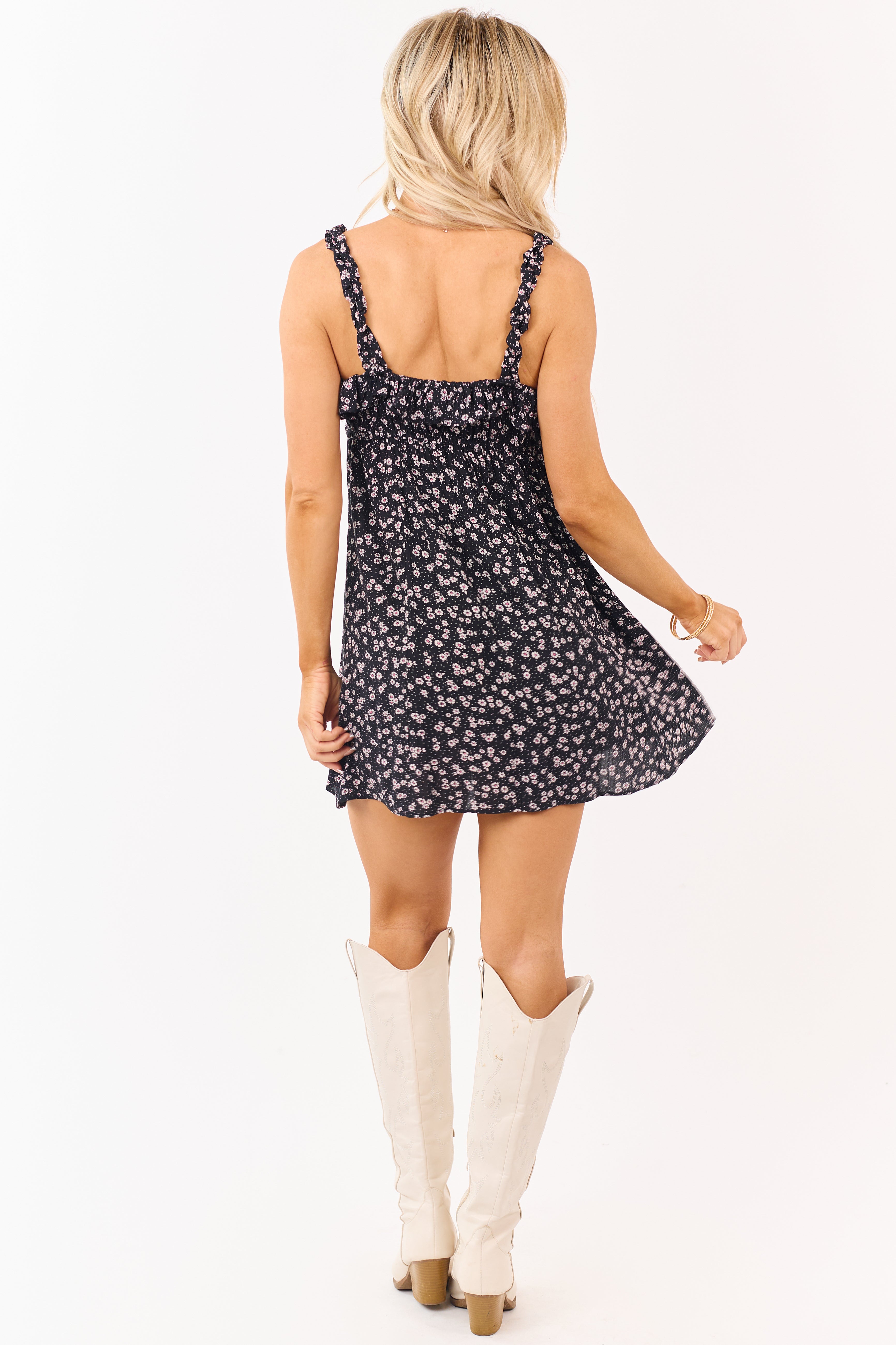 Black Ditsy Floral Print Ruffle Trim Mini Dress
