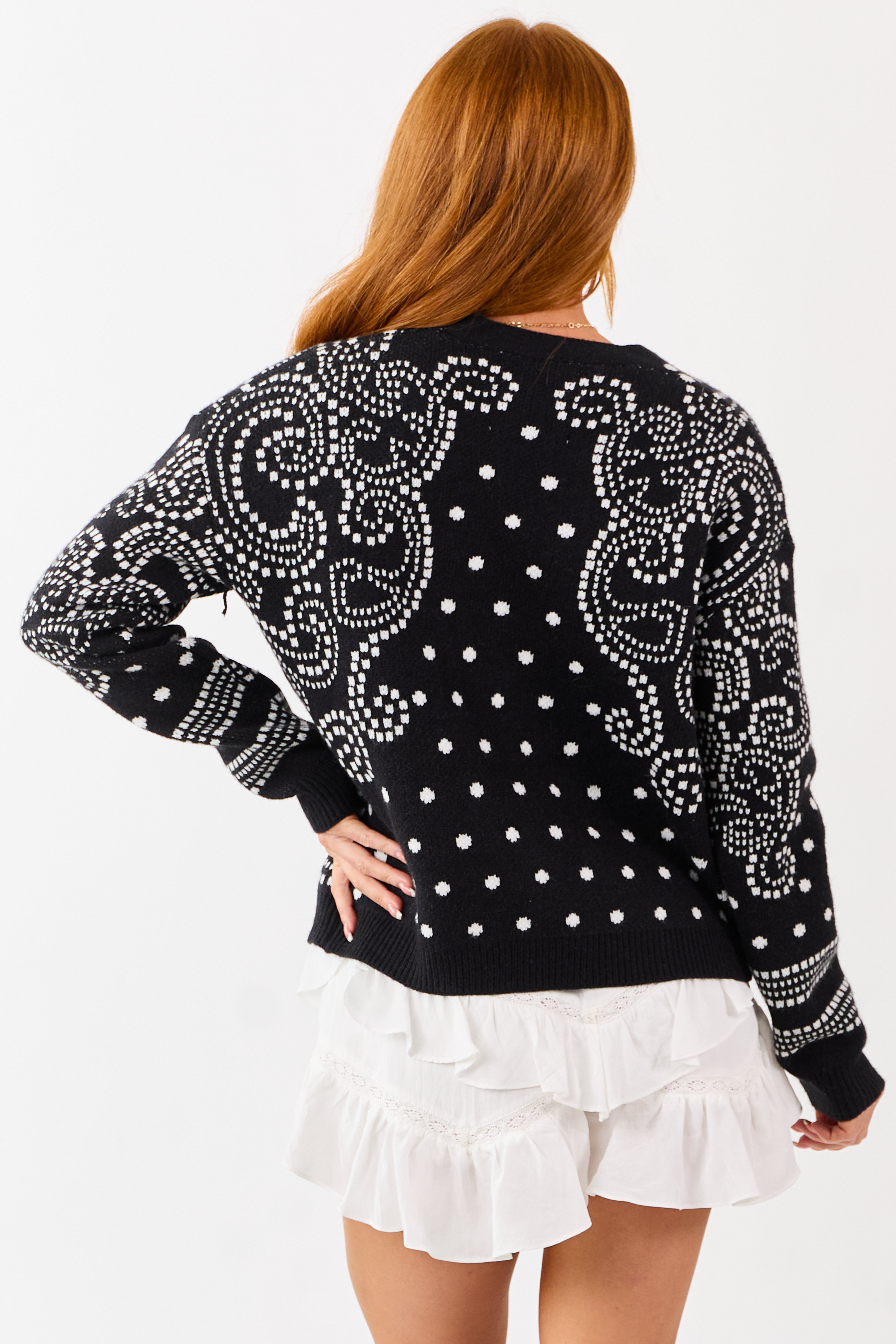 Black Dot Art Damask Button Down Sweater Cardigan