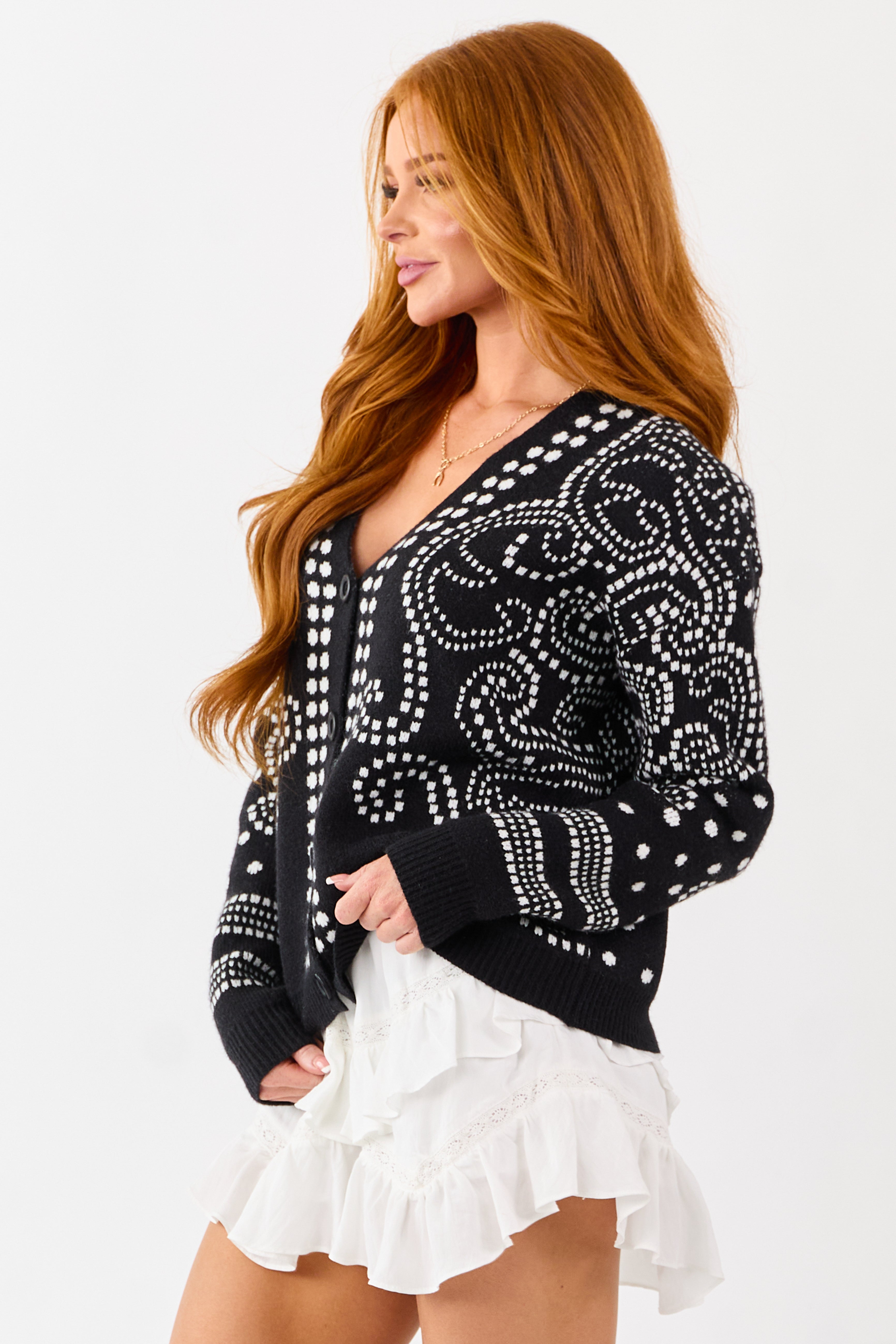 Black Dot Art Damask Button Down Sweater Cardigan