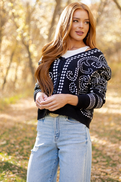 Black Dot Art Damask Button Down Sweater Cardigan