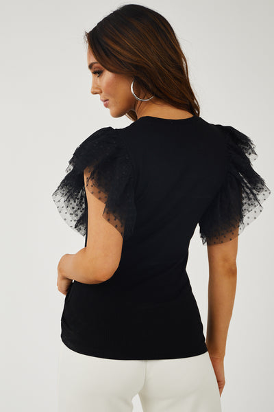 Black Dotted Ruffle Tulle Ribbed Knit Top