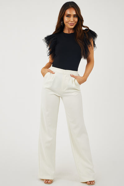 Black Dotted Ruffle Tulle Ribbed Knit Top