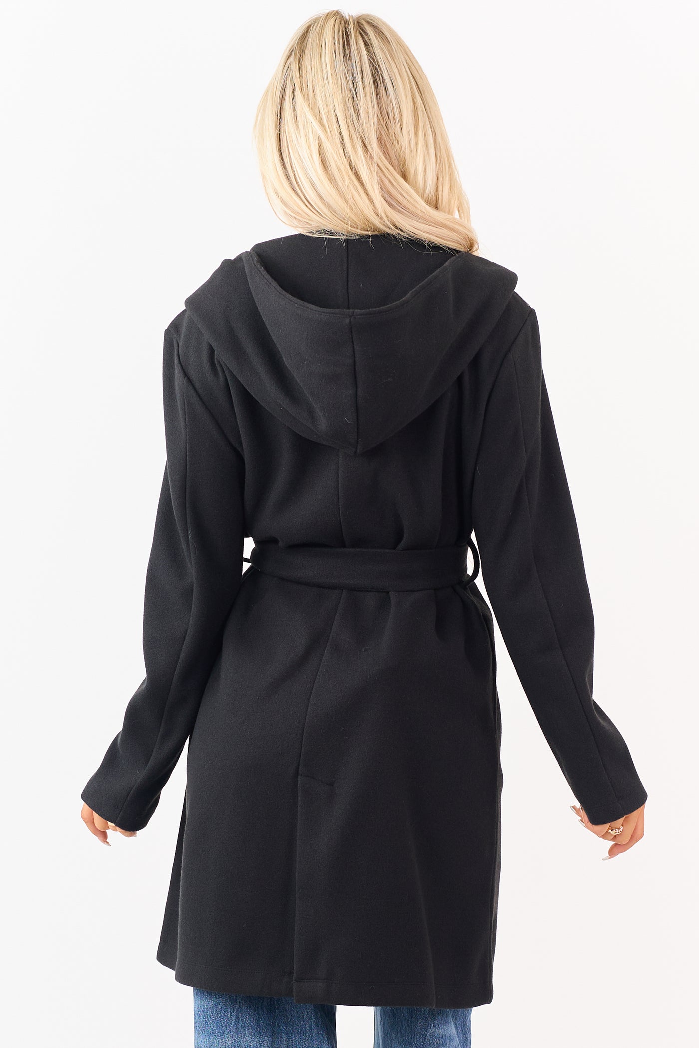 Black Double Breasted Hooded Trench Coat