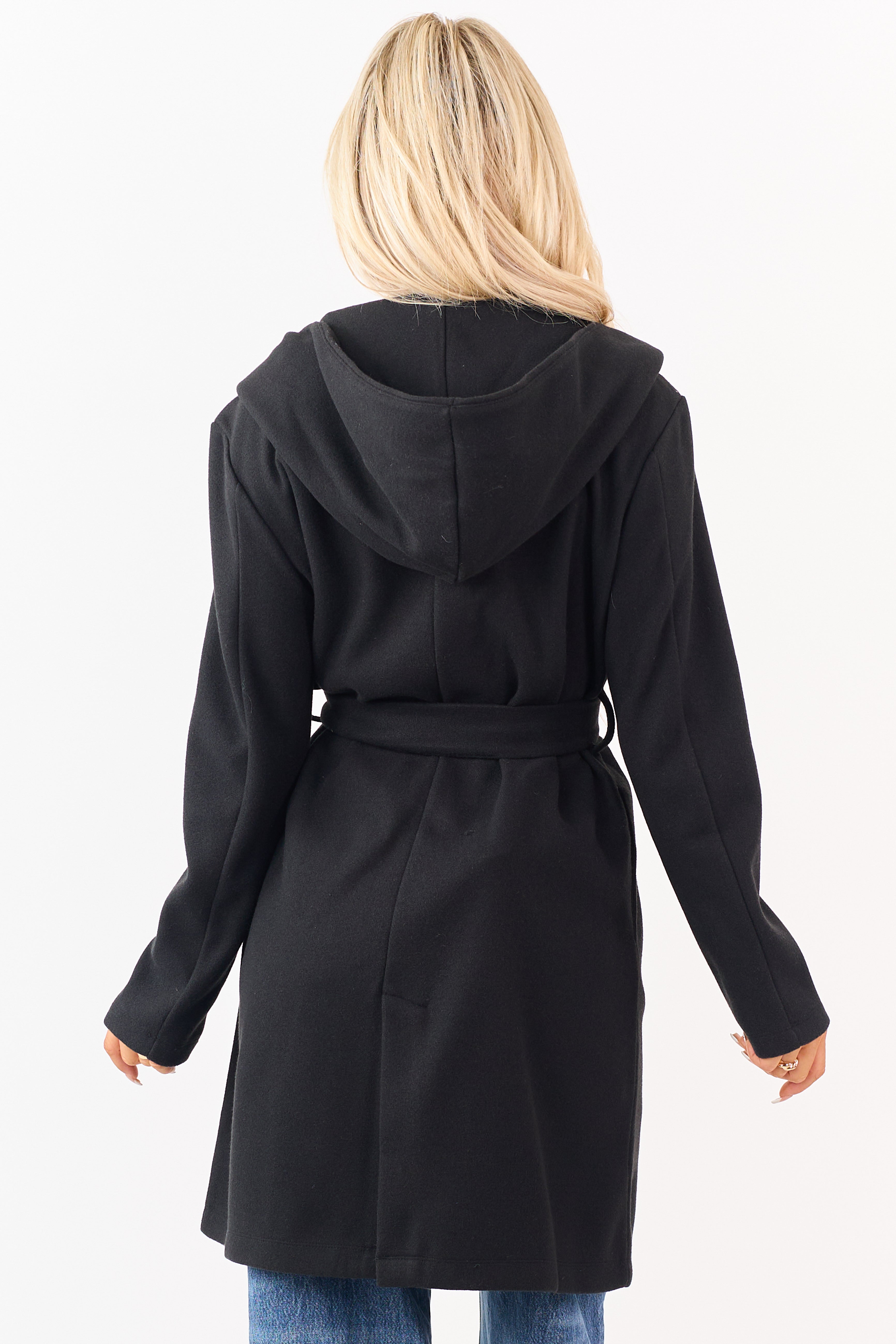 Black Double Breasted Hooded Trench Coat
