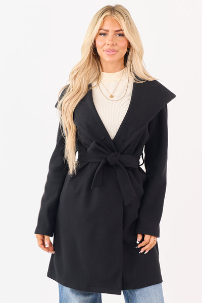 Black Double Breasted Hooded Trench Coat