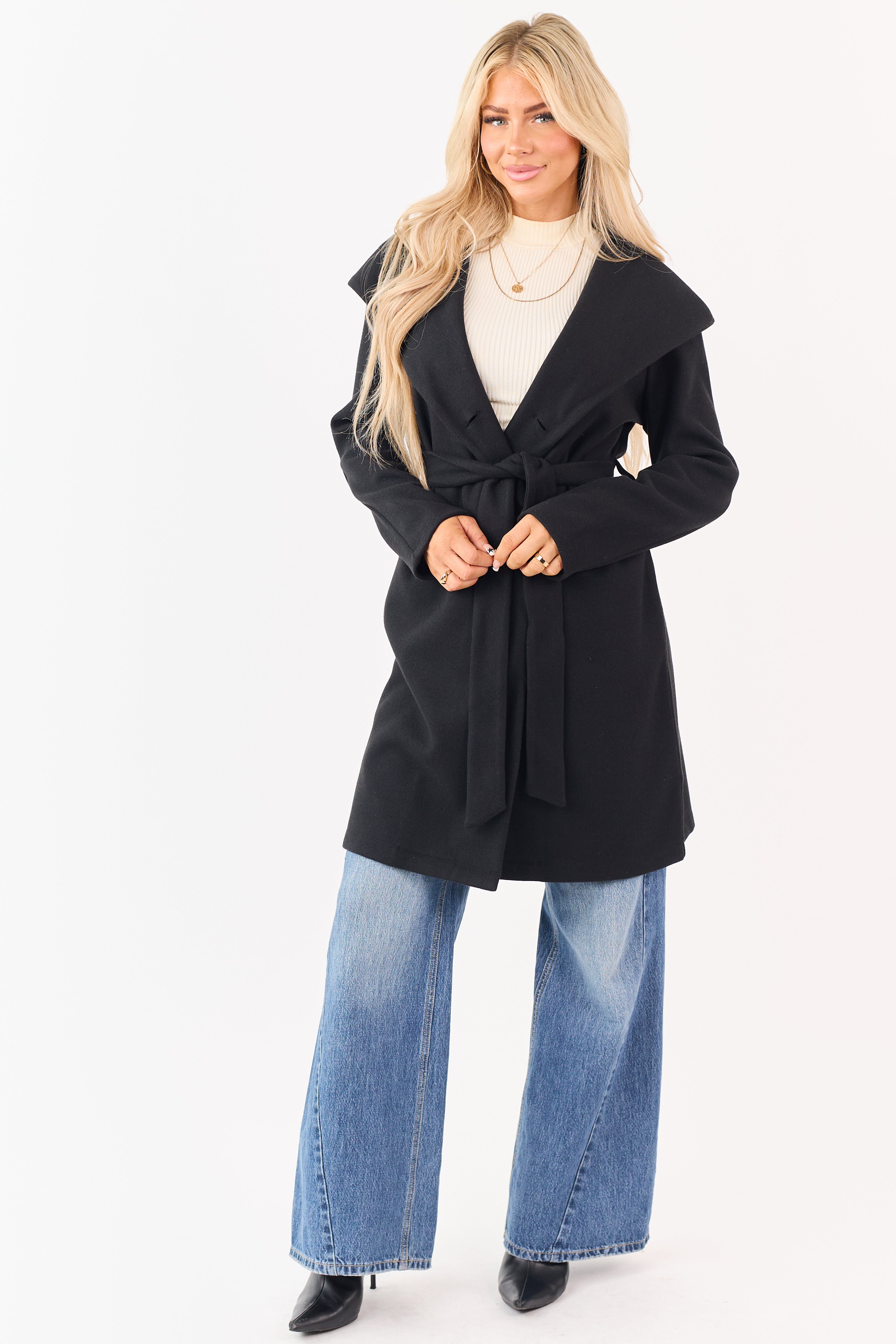 Black Double Breasted Hooded Trench Coat