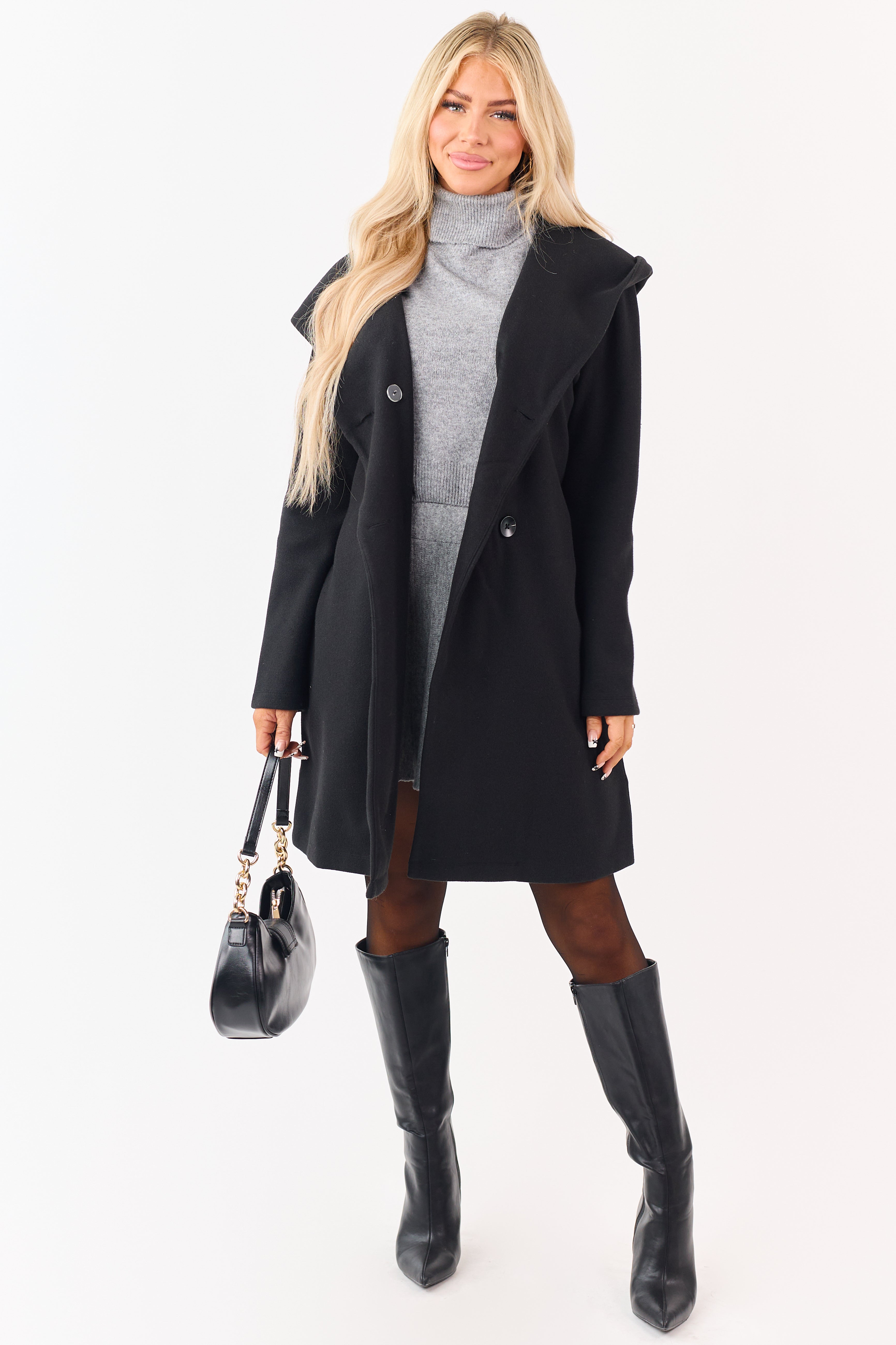 Black Double Breasted Hooded Trench Coat