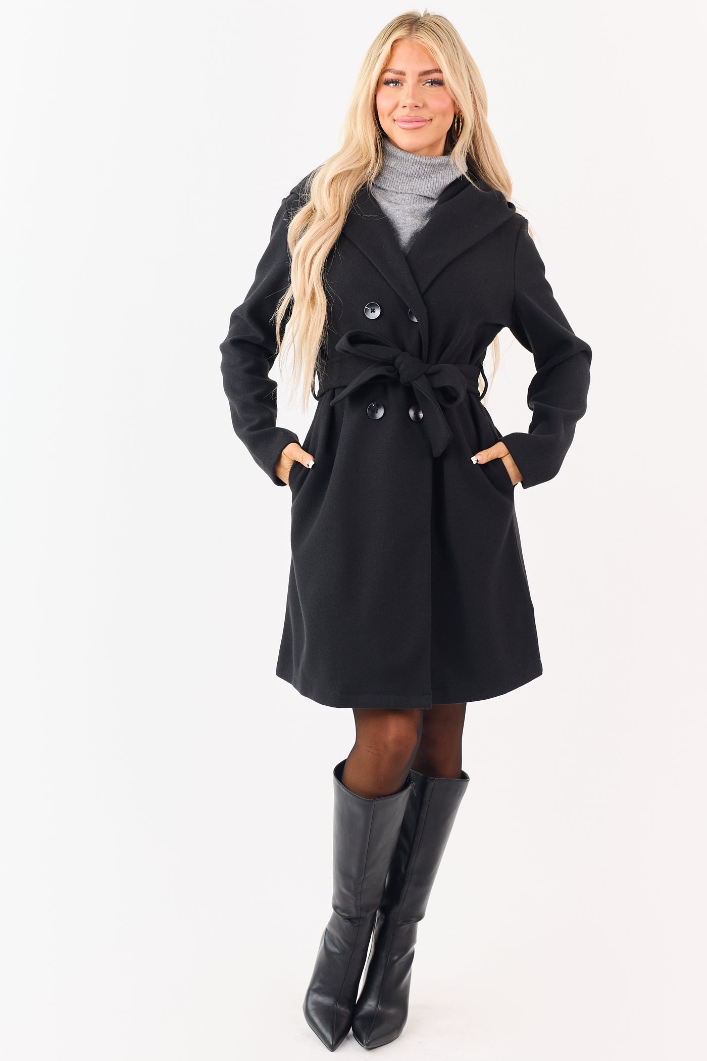 Black Double Breasted Hooded Trench Coat