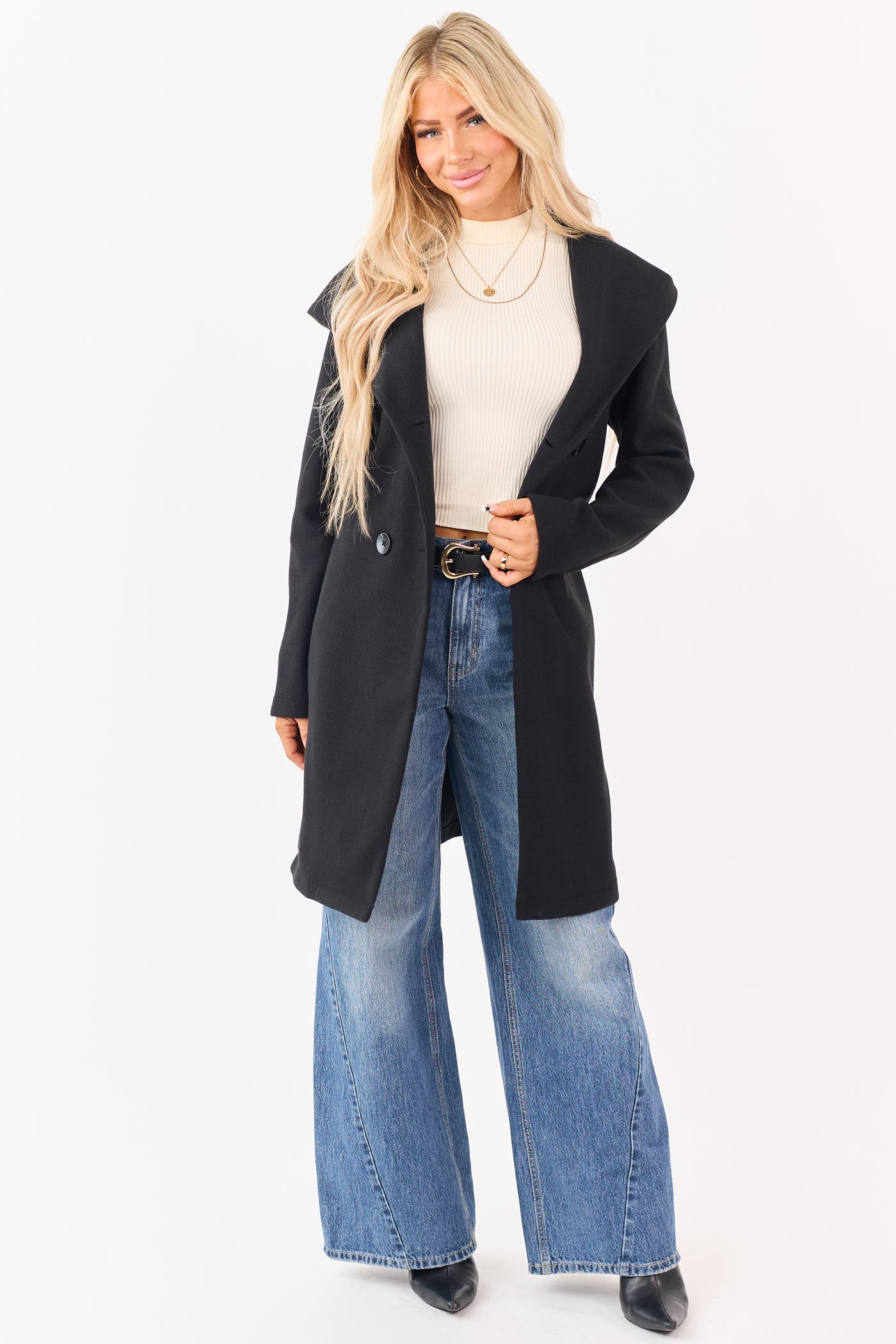 Black Double Breasted Hooded Trench Coat