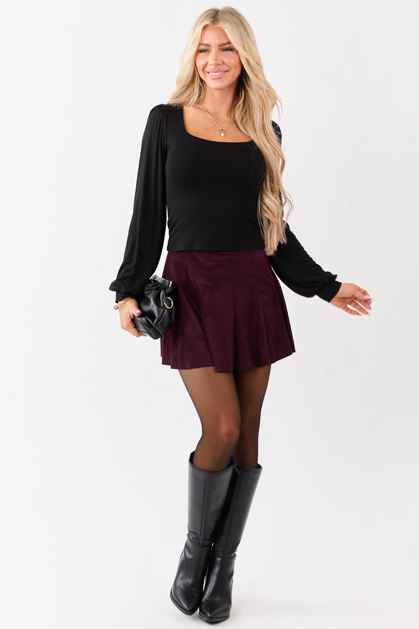 Black Double Layer Knit Balloon Sleeve Top