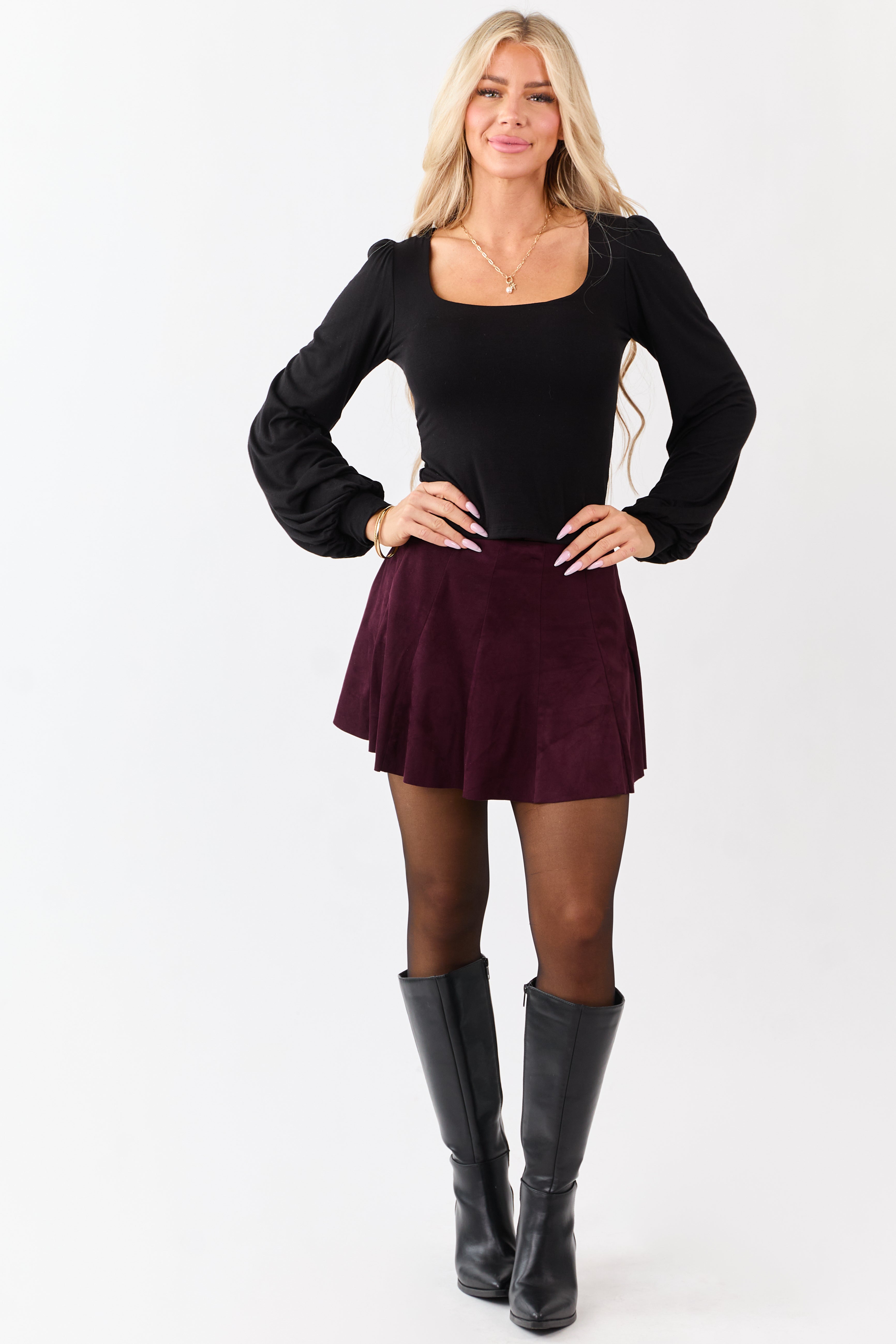 Black Double Layer Knit Balloon Sleeve Top