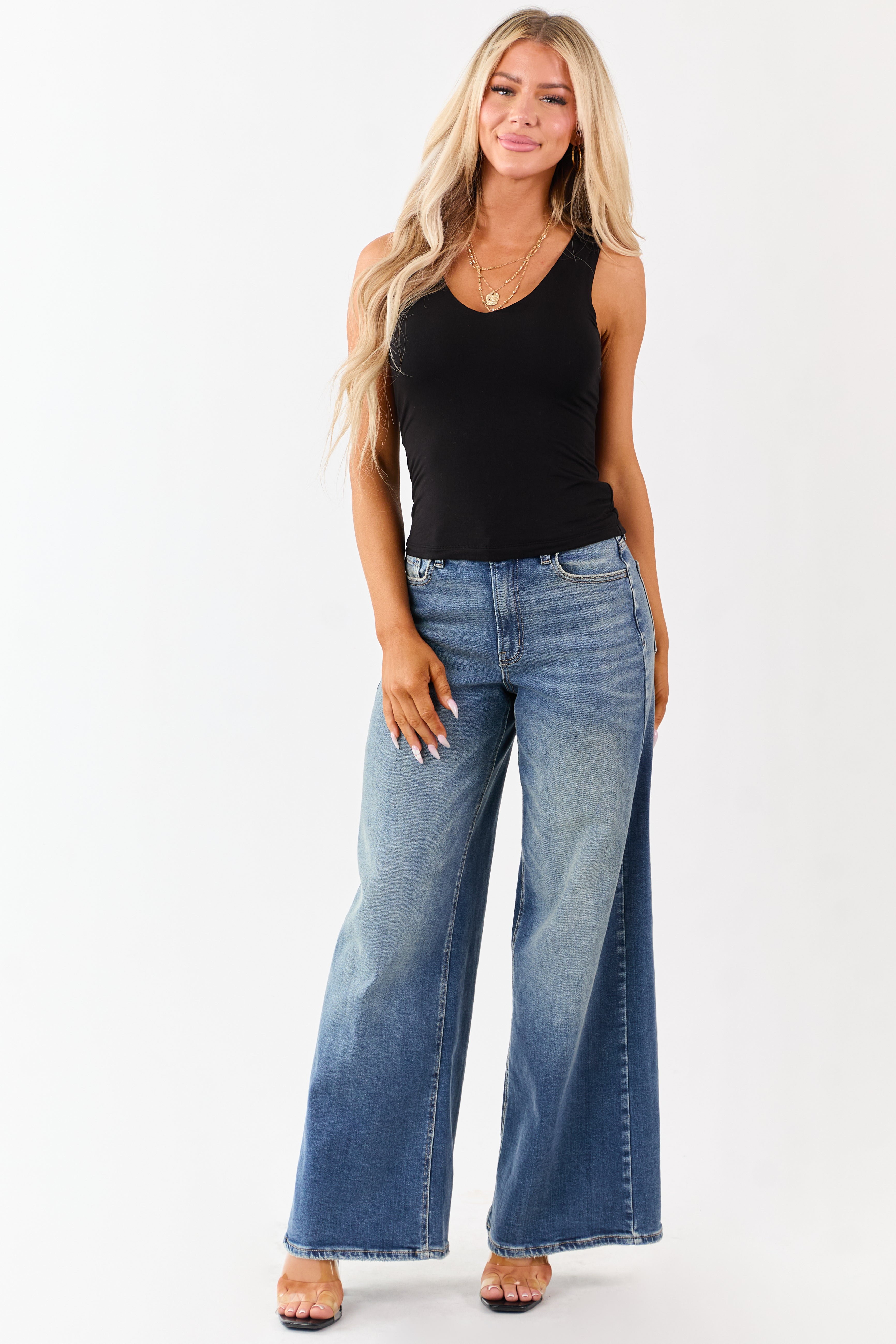 Black Double Layer Knit V-Neck Tank Top