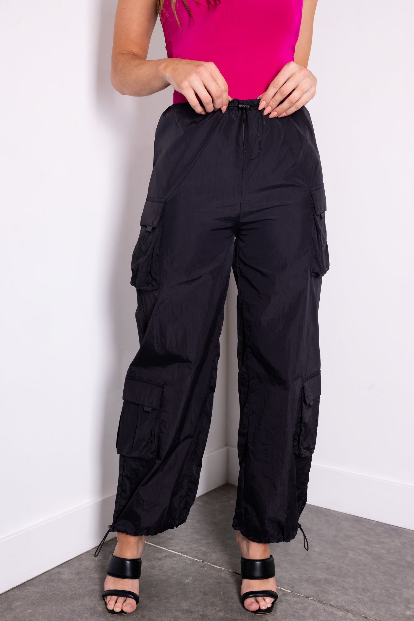 Black Drawstring Cargo Parachute Pants