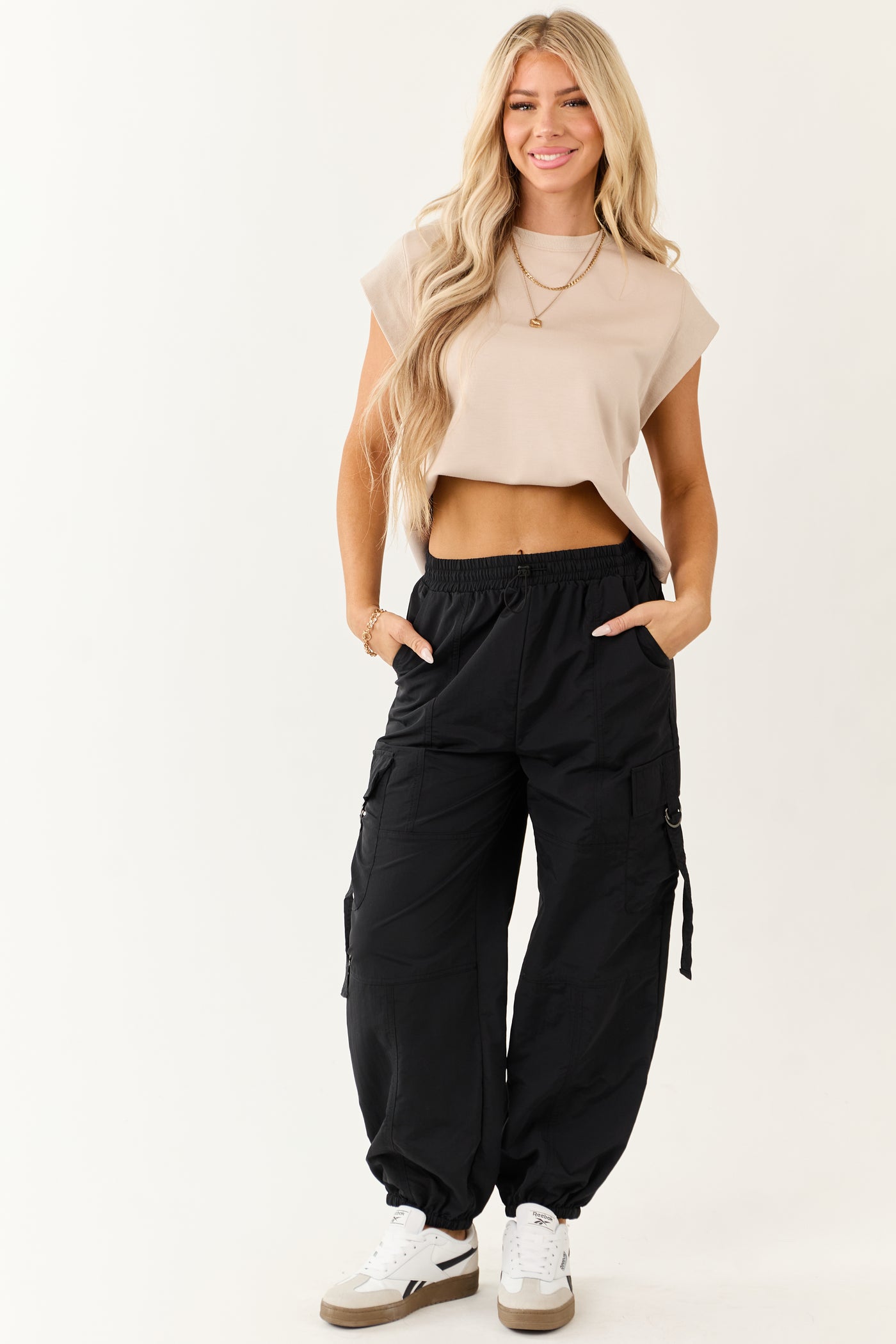 Black Drawstring Waistband Cargo Jogger Pants