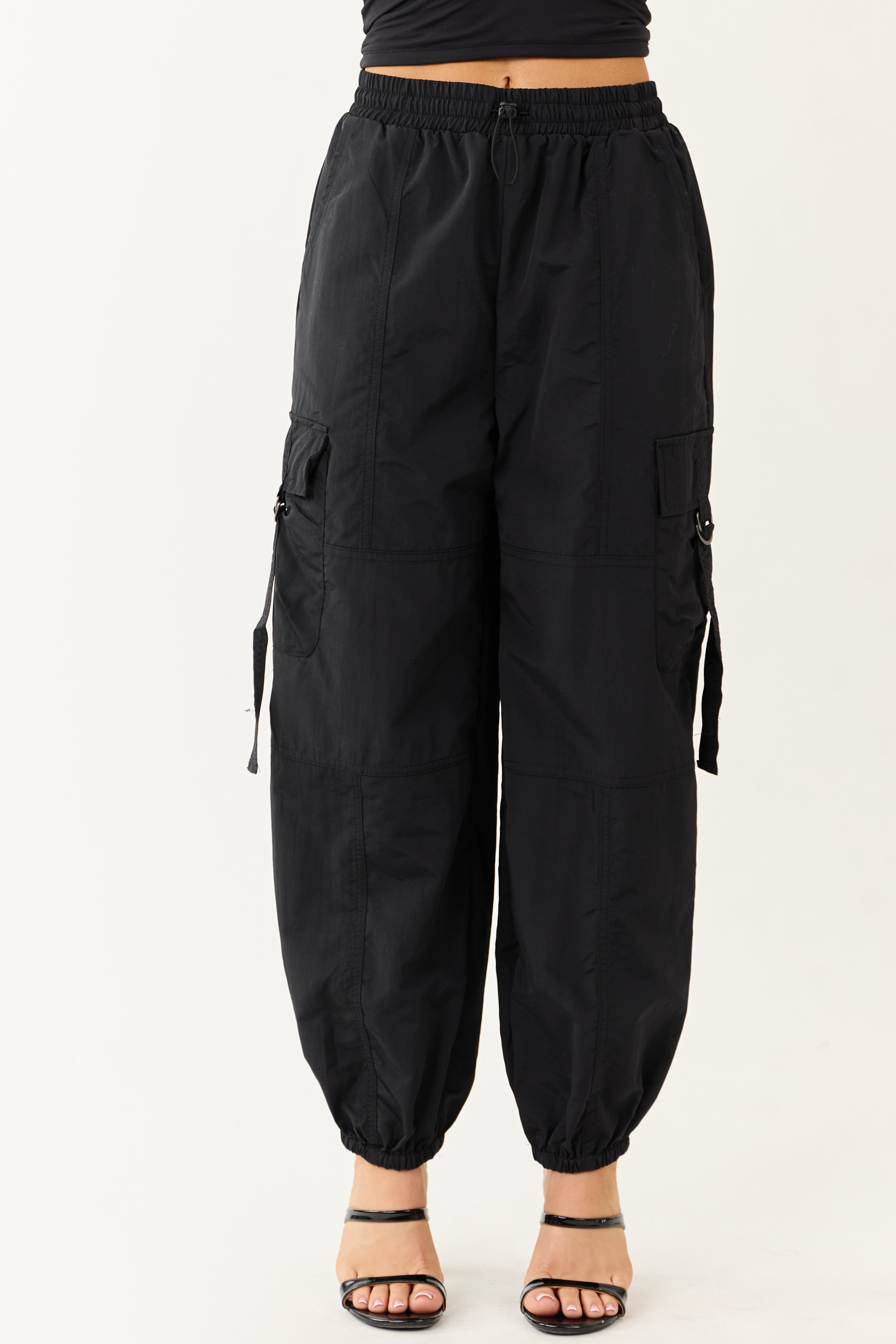 Black Drawstring Waistband Cargo Jogger Pants | Lime Lush Boutique